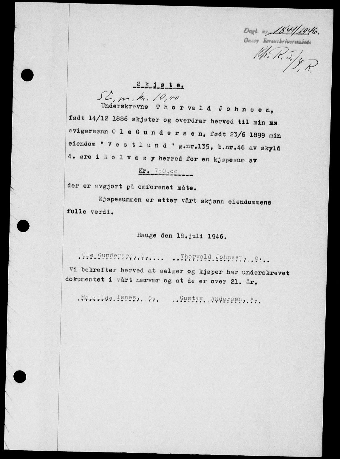 Onsøy sorenskriveri, SAO/A-10474/G/Ga/Gab/L0016: Pantebok nr. II A-16, 1946-1946, Dagboknr: 1841/1946