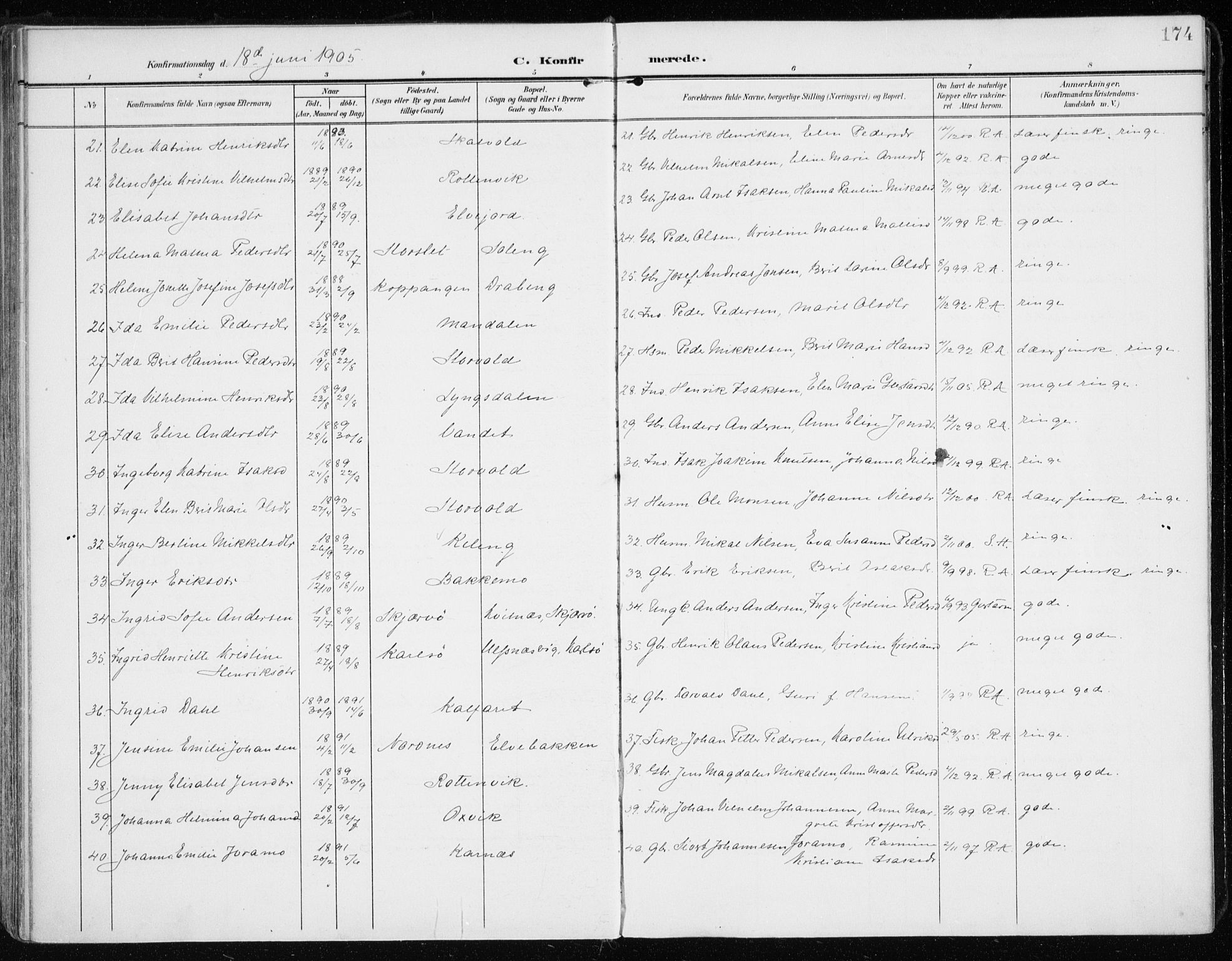 Lyngen sokneprestembete, AV/SATØ-S-1289/H/He/Hea/L0011kirke: Ministerialbok nr. 11, 1903-1913, s. 174