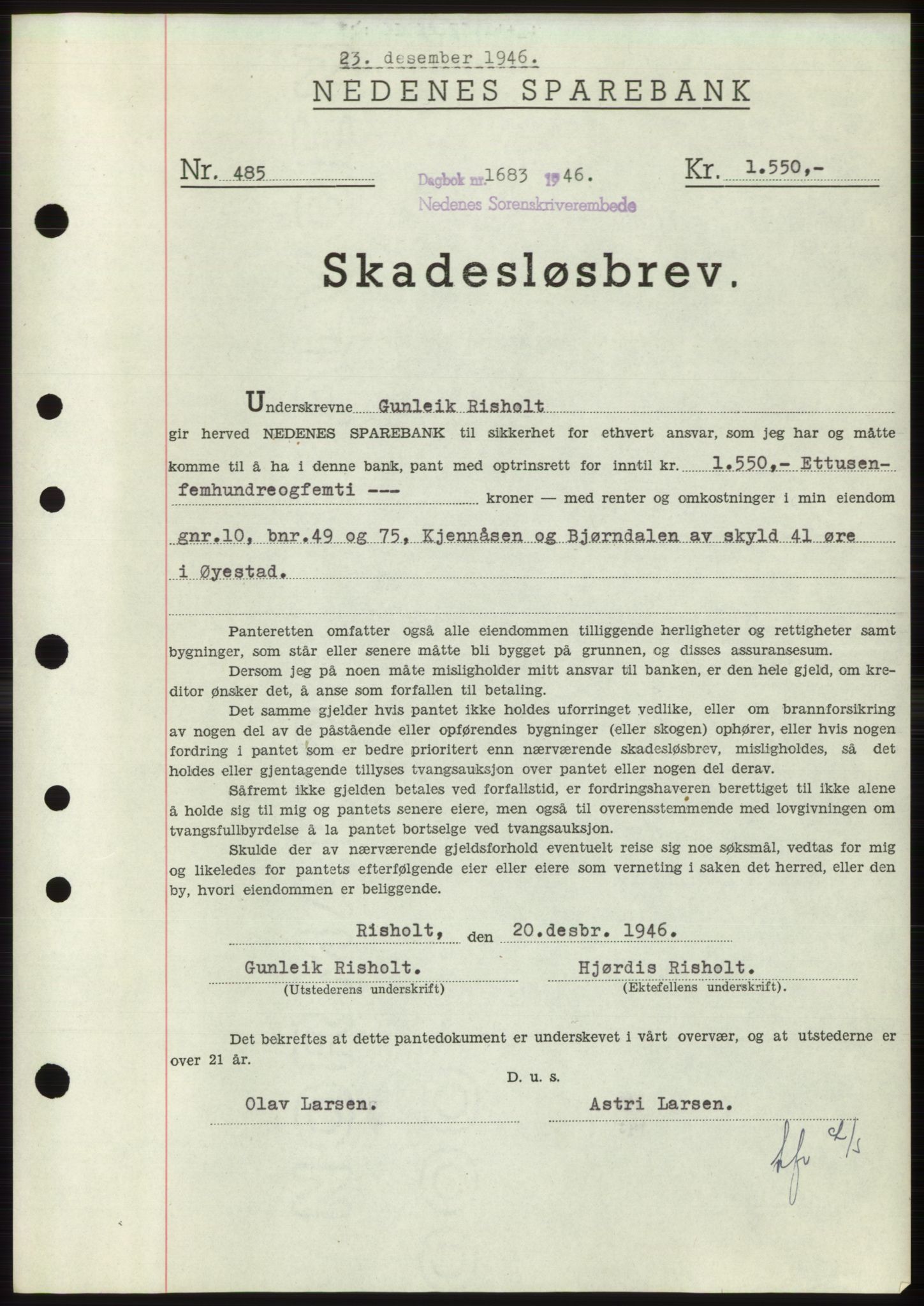 Nedenes sorenskriveri, SAK/1221-0006/G/Gb/Gbb/L0003: Pantebok nr. B3b, 1946-1946, Dagboknr: 1683/1946