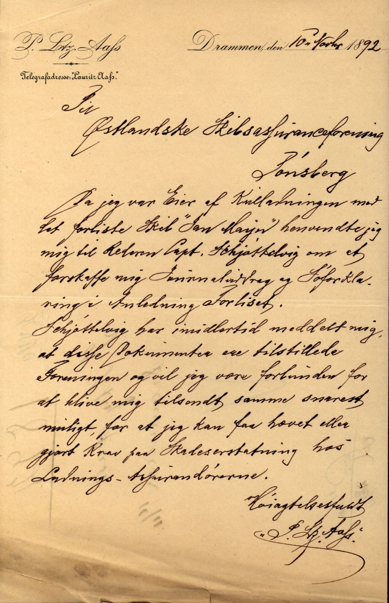 Pa 63 - Østlandske skibsassuranceforening, VEMU/A-1079/G/Ga/L0028/0006: Havaridokumenter / Avenir, Jan Mayn, Freia, Magna, Løvspring, 1892, s. 30