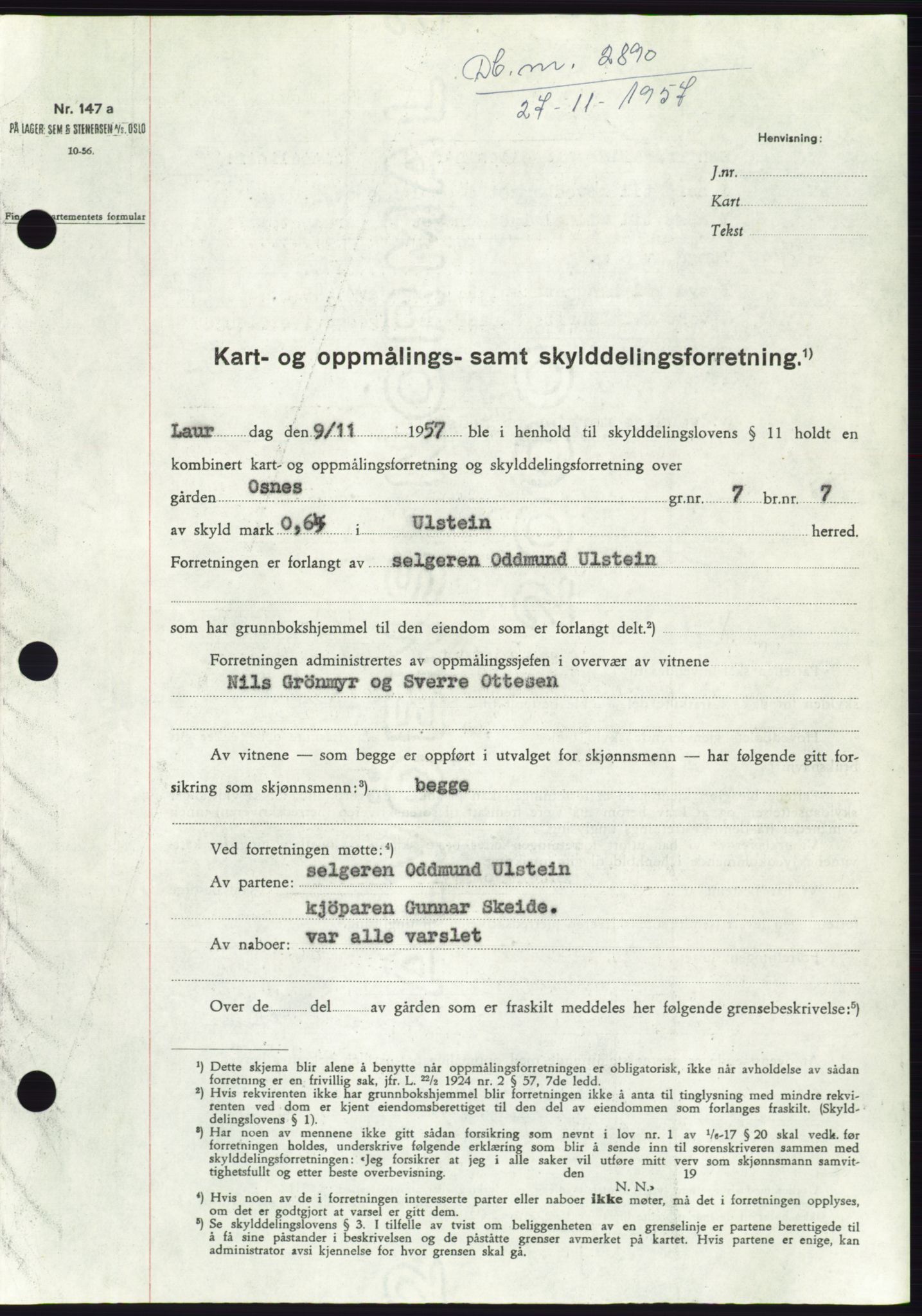 Søre Sunnmøre sorenskriveri, AV/SAT-A-4122/1/2/2C/L0108: Pantebok nr. 34A, 1957-1958, Dagboknr: 2890/1957