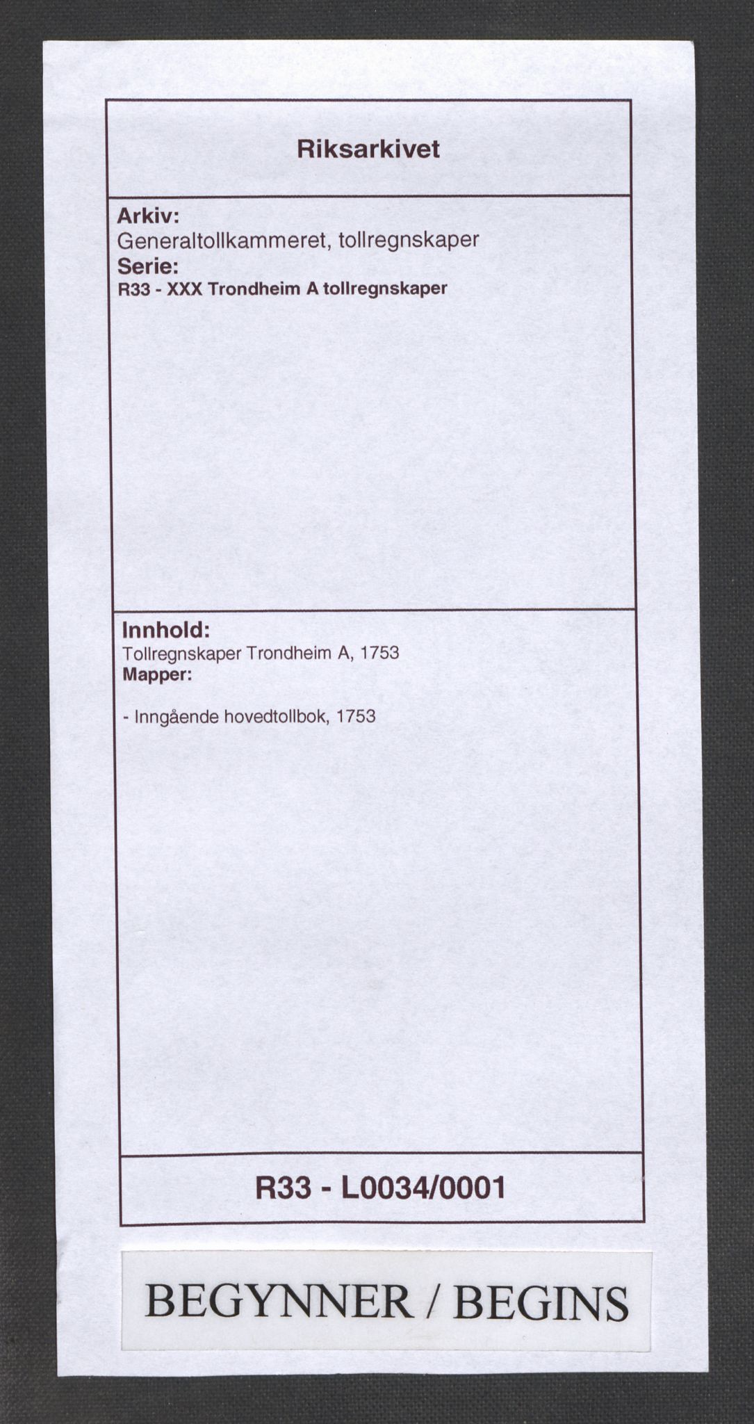 Generaltollkammeret, tollregnskaper, AV/RA-EA-5490/R33/L0034/0001: Tollregnskaper Trondheim A / Inngående hovedtollbok, 1753