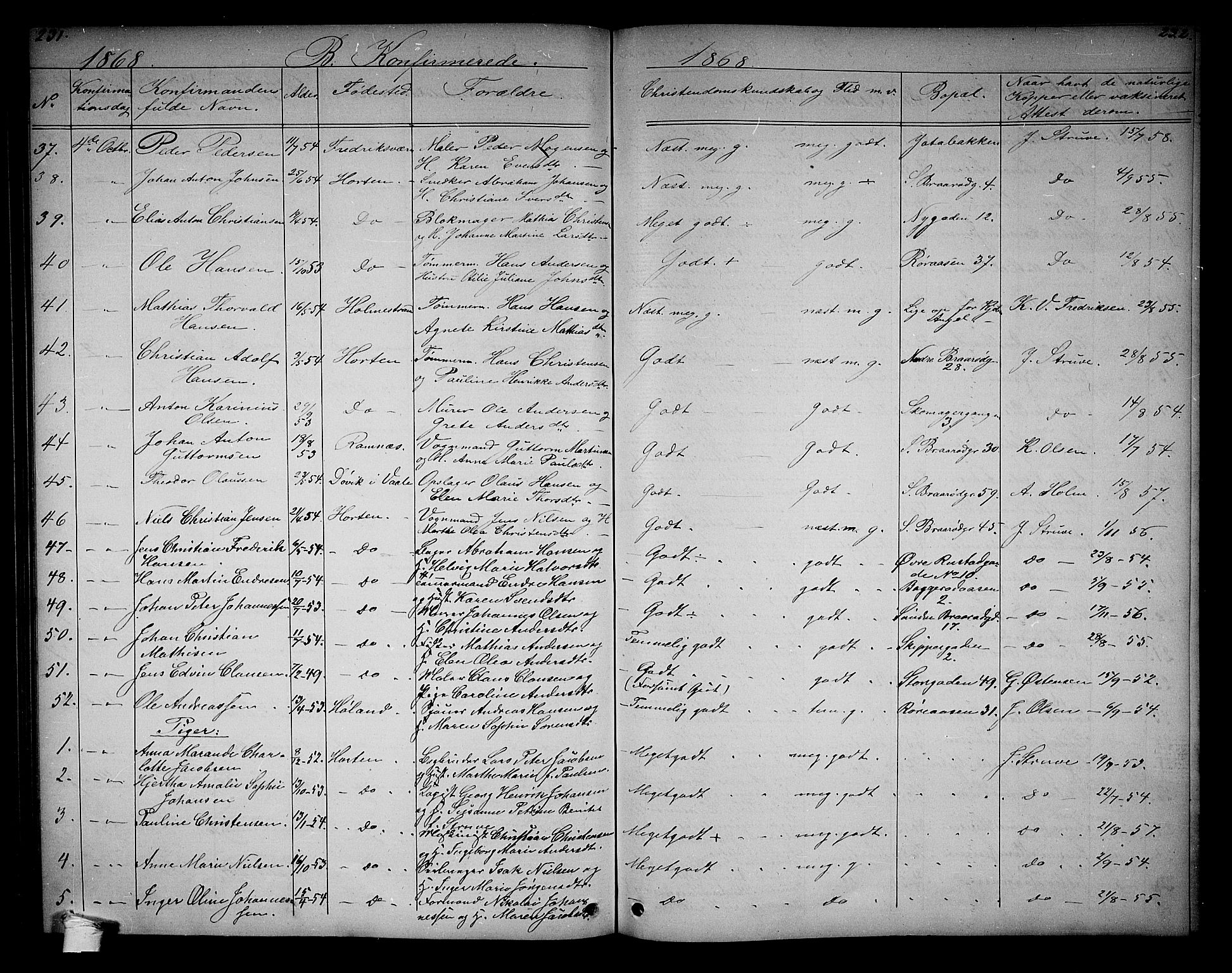 Horten kirkebøker, AV/SAKO-A-348/G/Ga/L0002: Klokkerbok nr. 2, 1864-1871, s. 231-232