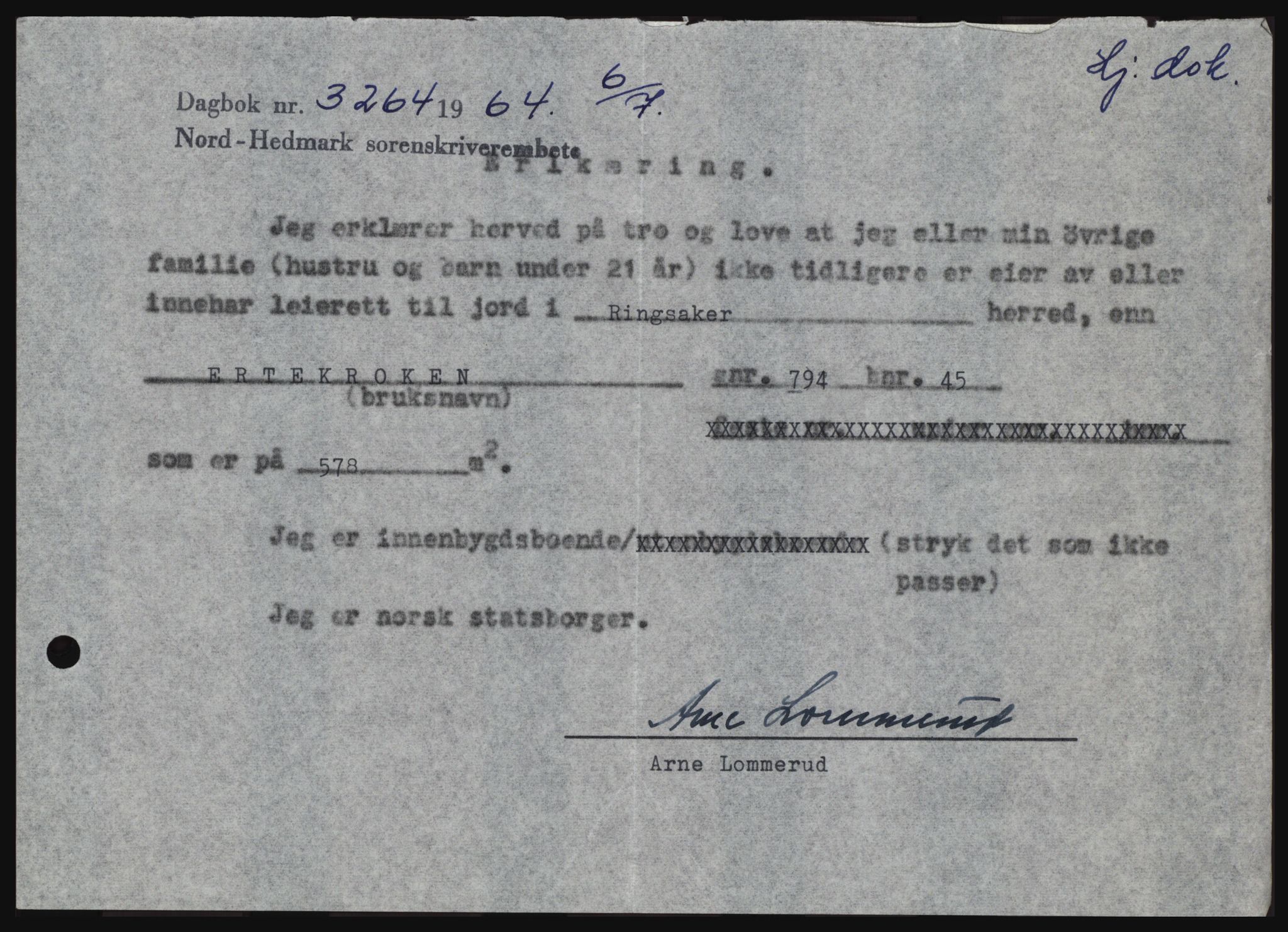 Nord-Hedmark sorenskriveri, SAH/TING-012/H/Hc/L0020: Pantebok nr. 20, 1964-1964, Dagboknr: 3264/1964