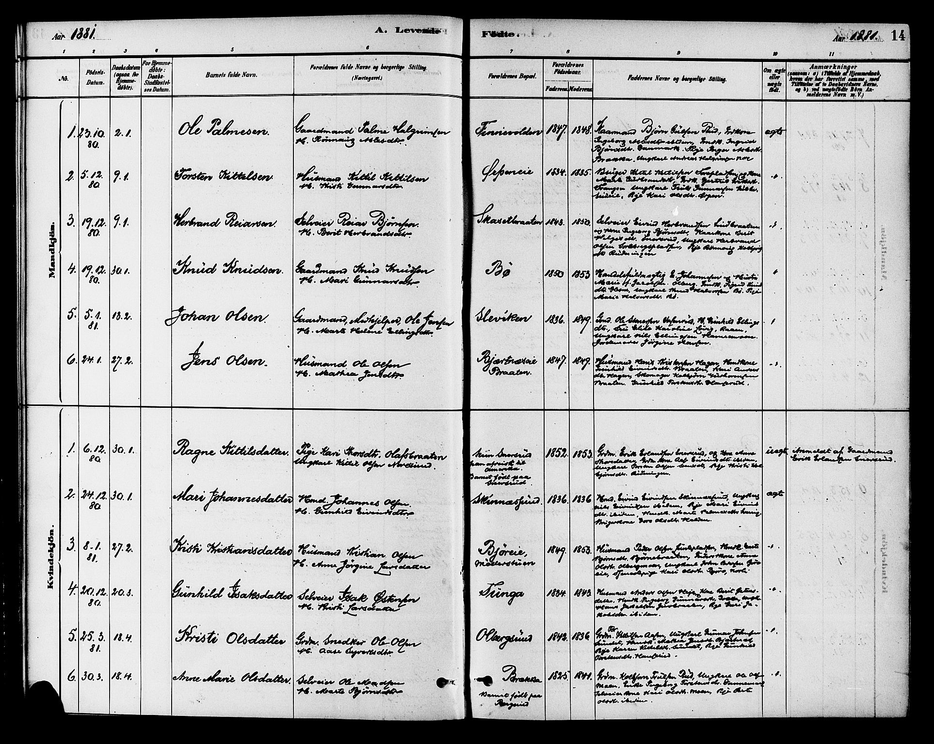 Krødsherad kirkebøker, SAKO/A-19/G/Ga/L0001: Klokkerbok nr. 1, 1879-1893, s. 14