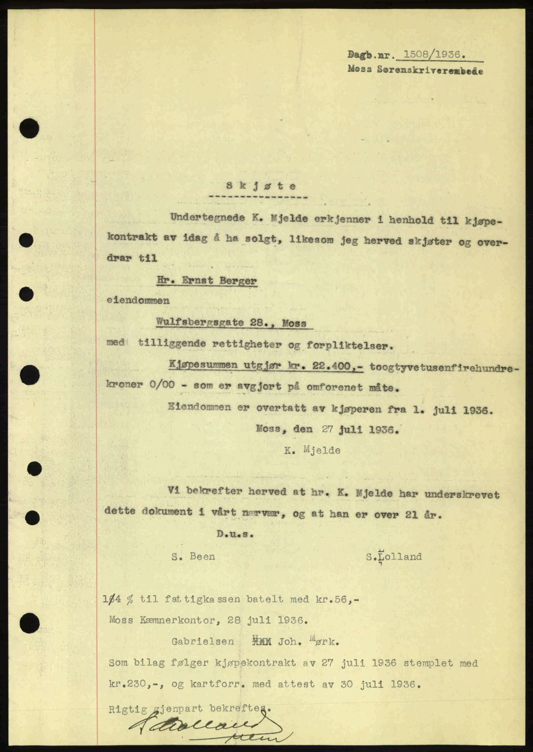 Moss sorenskriveri, SAO/A-10168: Pantebok nr. A1, 1936-1936, Dagboknr: 1508/1936