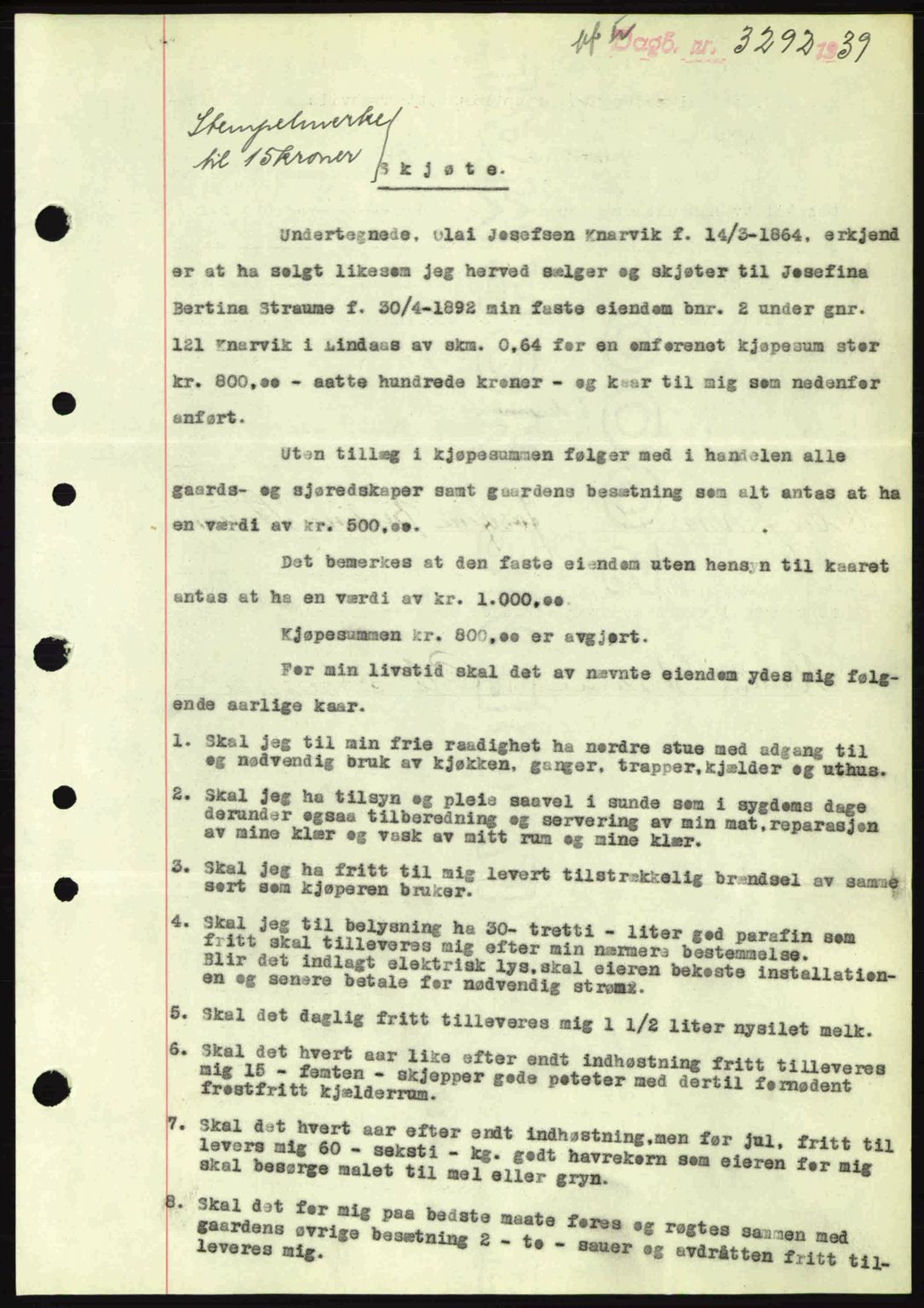 Nordhordland sorenskrivar, SAB/A-2901/1/G/Gb/Gbf/L0010: Pantebok nr. A10, 1939-1940, Dagboknr: 3292/1939