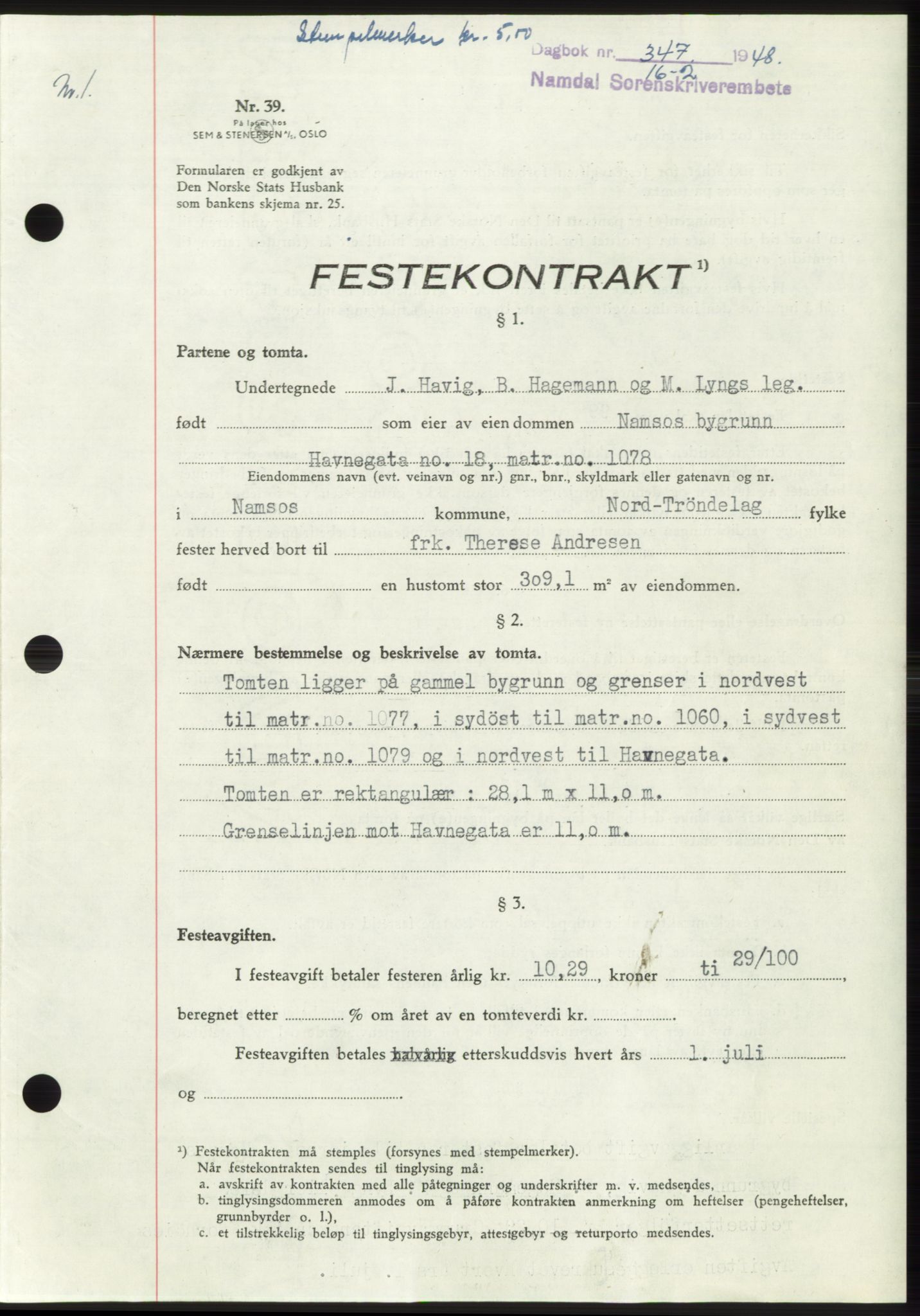 Namdal sorenskriveri, SAT/A-4133/1/2/2C: Pantebok nr. -, 1947-1948, Dagboknr: 347/1948