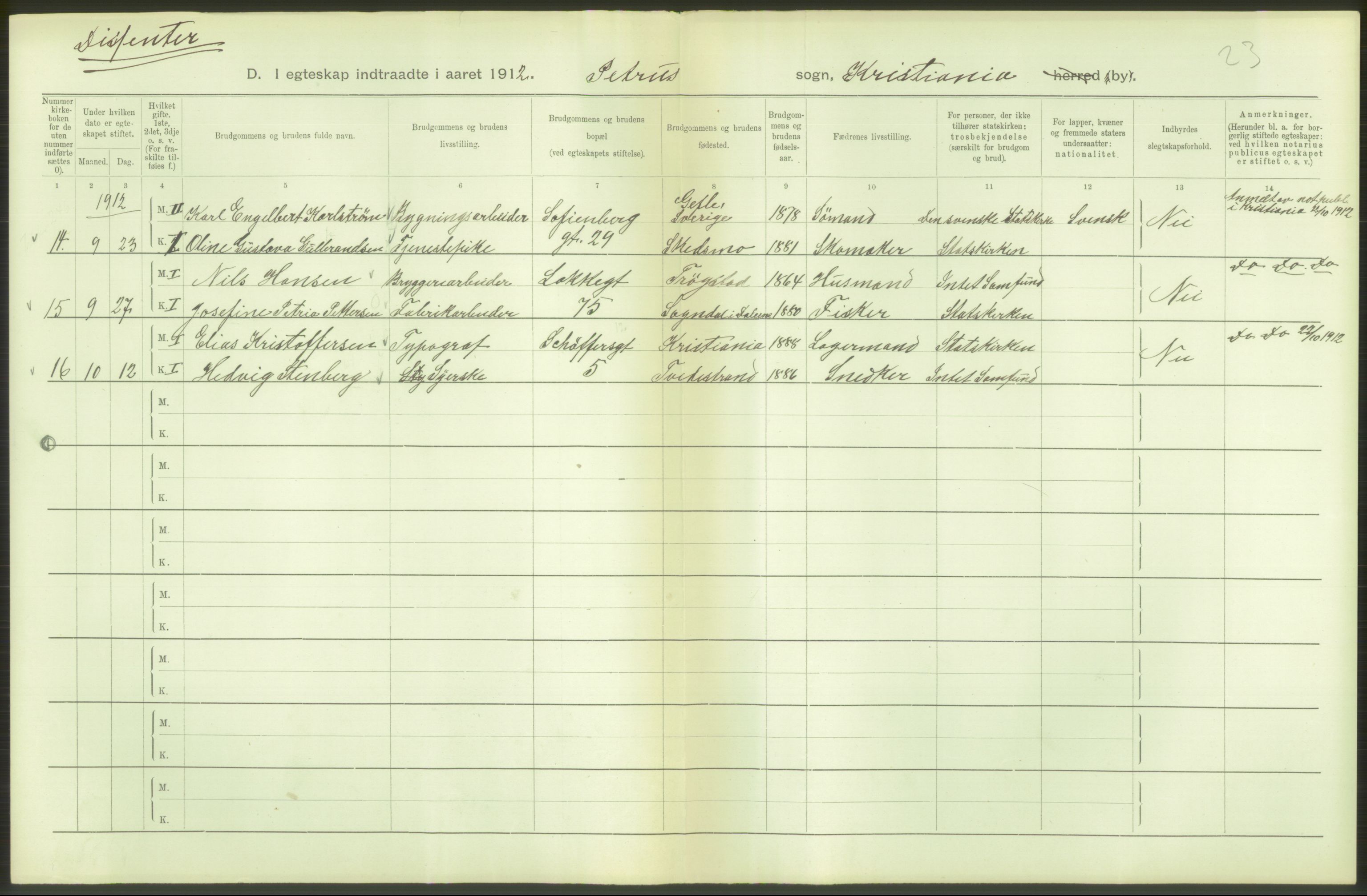 Statistisk sentralbyrå, Sosiodemografiske emner, Befolkning, AV/RA-S-2228/D/Df/Dfb/Dfbb/L0008: Kristiania: Gifte, 1912, s. 362