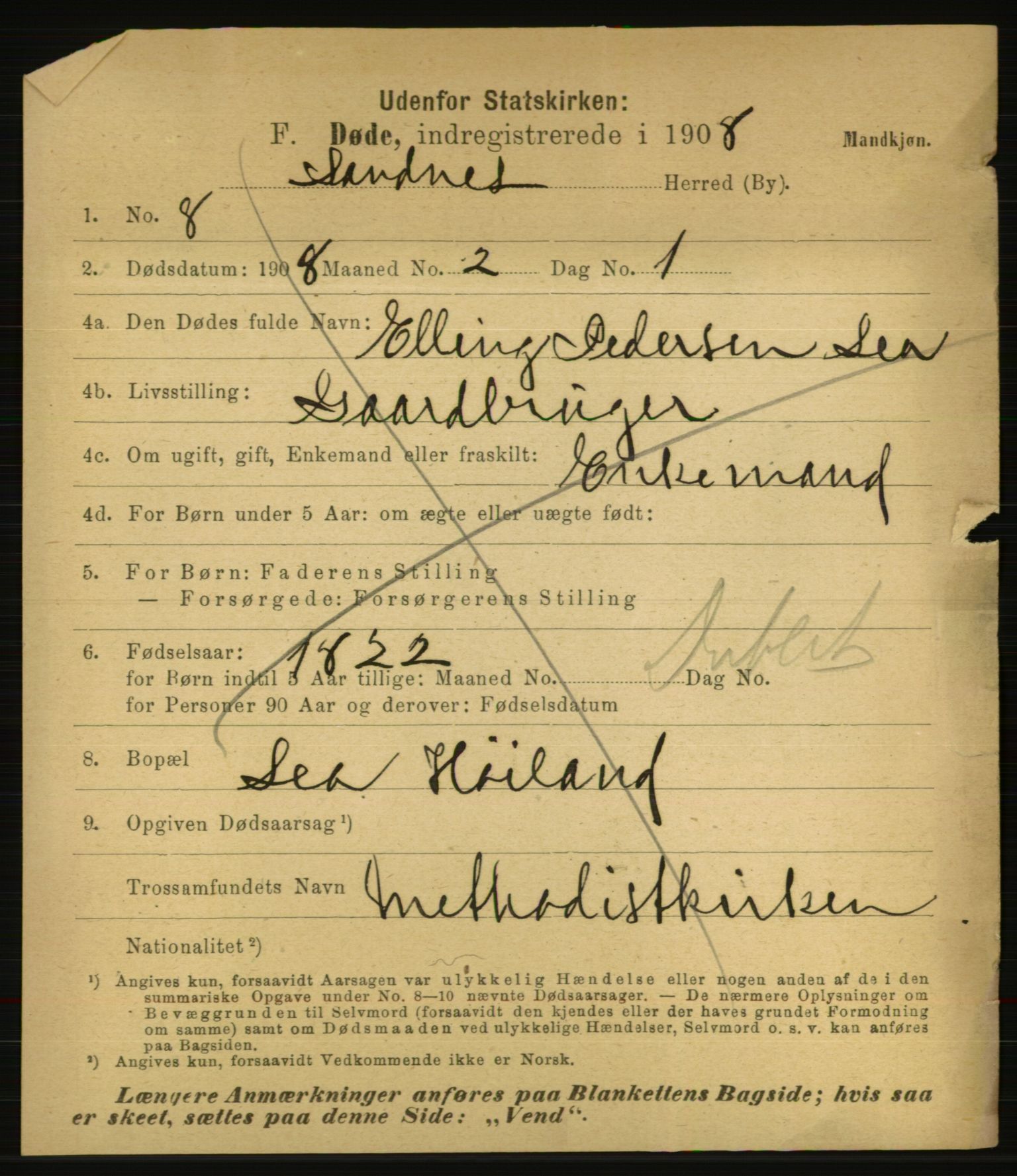 Statistisk sentralbyrå, Sosiodemografiske emner, Befolkning, AV/RA-S-2228/E/L0006: Fødte, gifte, døde dissentere., 1908, s. 3235