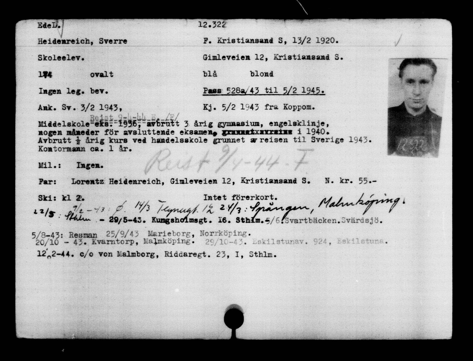 Utenriksstasjonene, Legasjonen i Stockholm, Flyktningkontoret, AV/RA-S-6753/V/Va/L0006: Kjesäterkartoteket, flyktninger med registreringsnr. 9400-12711, 1940-1945, s. 3334