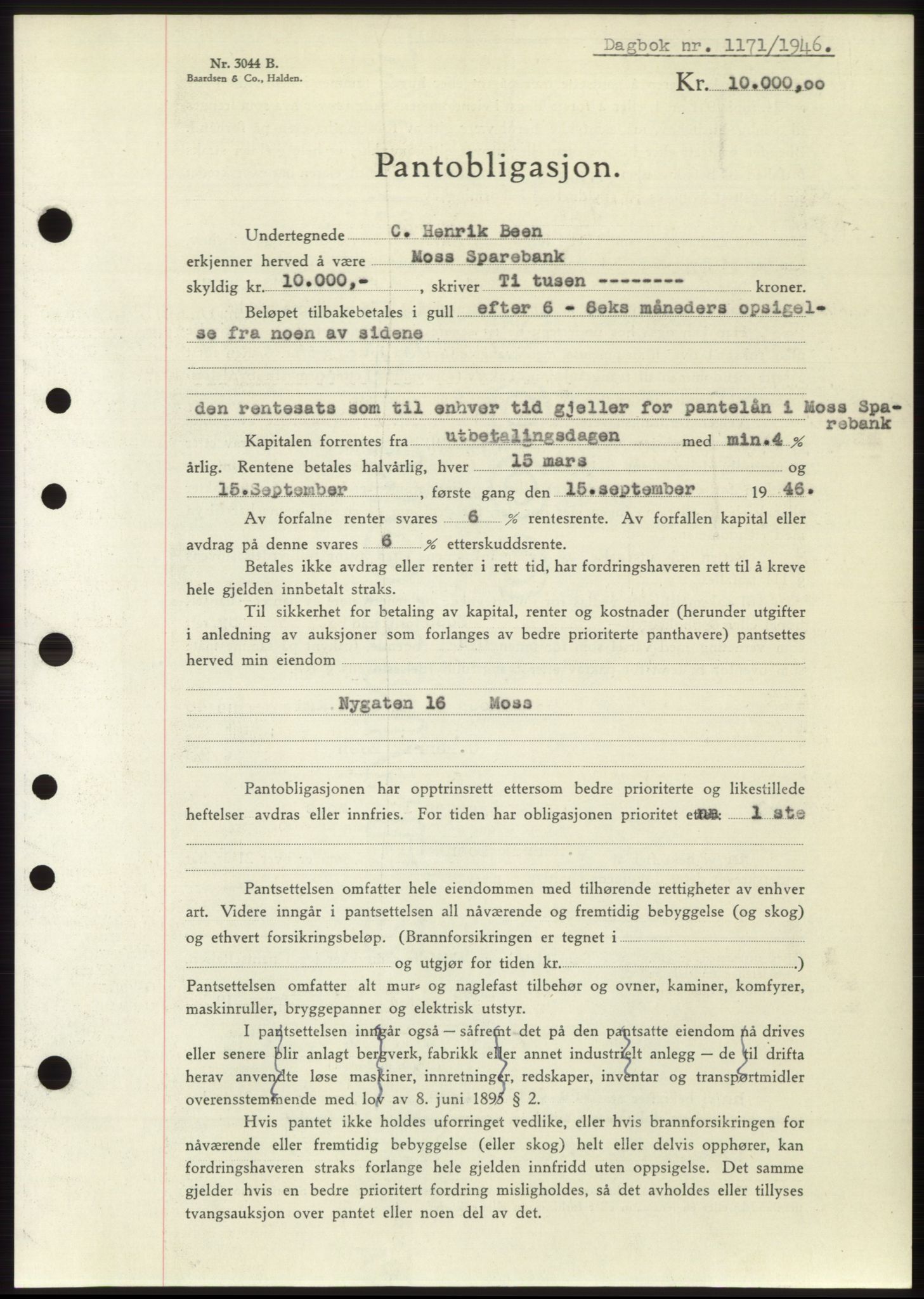 Moss sorenskriveri, SAO/A-10168: Pantebok nr. B15, 1946-1946, Dagboknr: 1171/1946