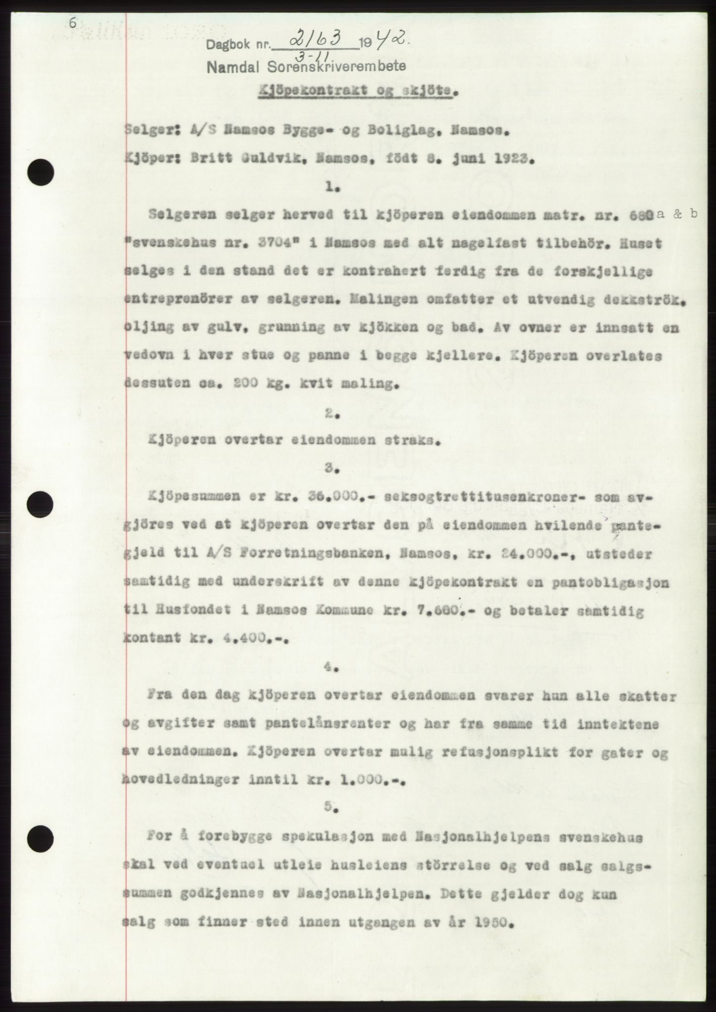 Namdal sorenskriveri, SAT/A-4133/1/2/2C: Pantebok nr. -, 1942-1943, Dagboknr: 2163/1942