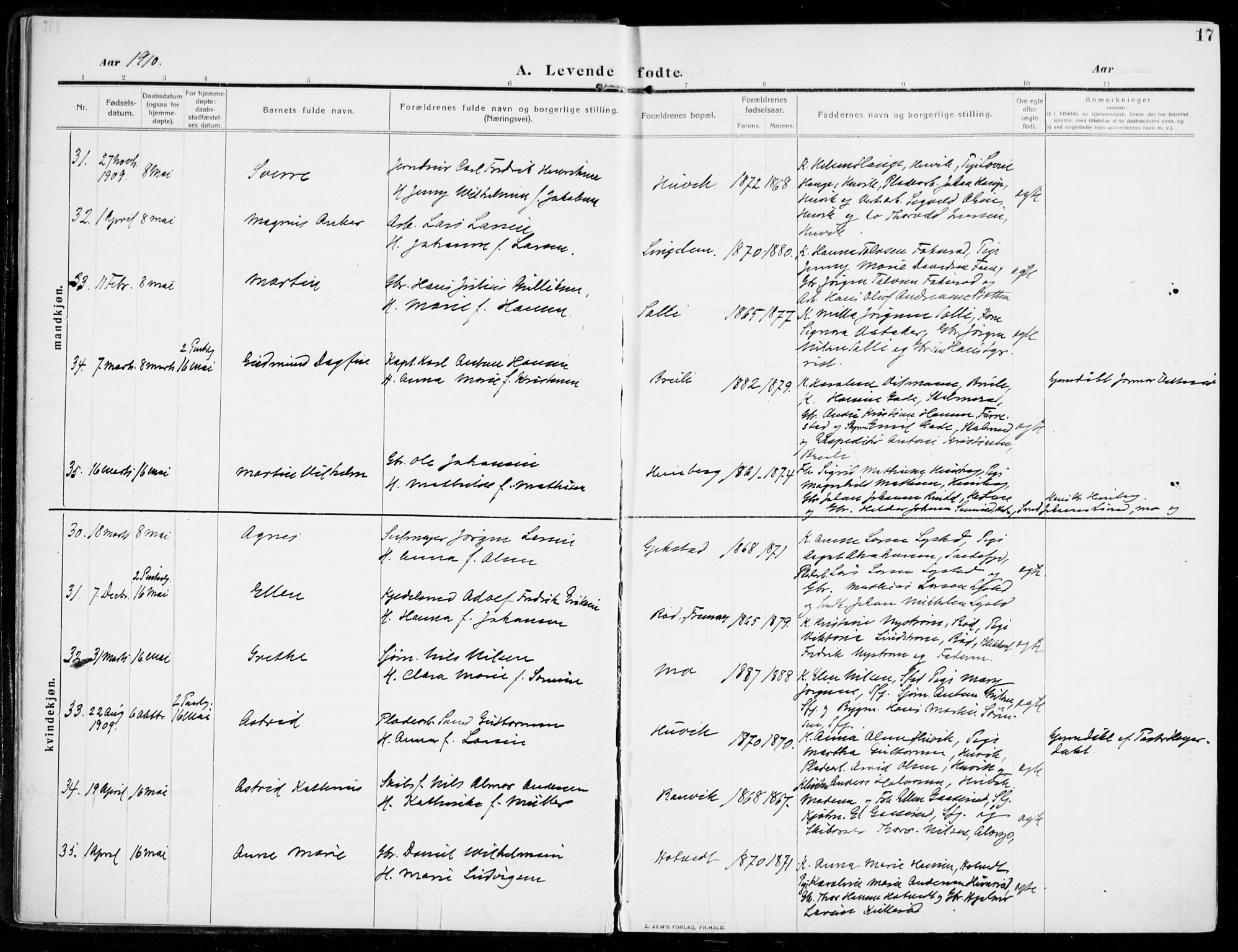 Sandar kirkebøker, AV/SAKO-A-243/F/Fa/L0016: Ministerialbok nr. 16, 1909-1919, s. 17