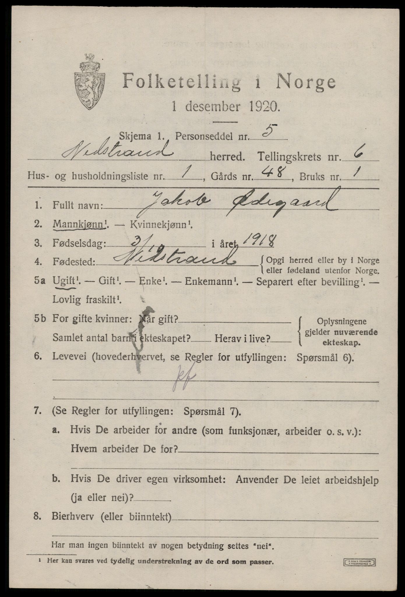 SAST, Folketelling 1920 for 1139 Nedstrand herred, 1920, s. 2481