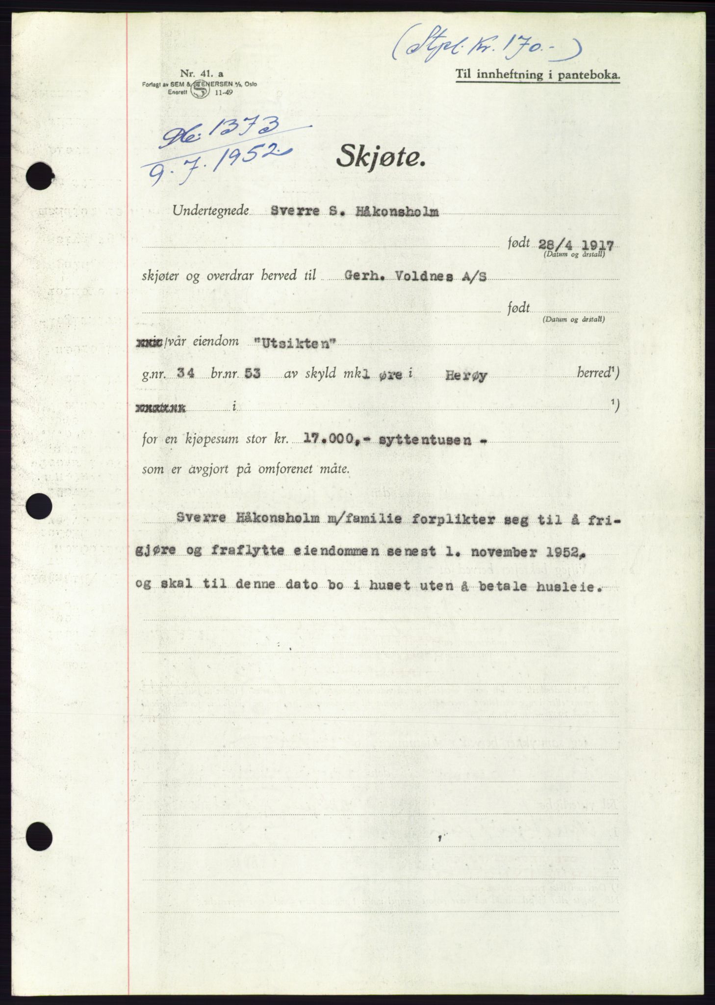 Søre Sunnmøre sorenskriveri, AV/SAT-A-4122/1/2/2C/L0092: Pantebok nr. 18A, 1952-1952, Dagboknr: 1373/1952