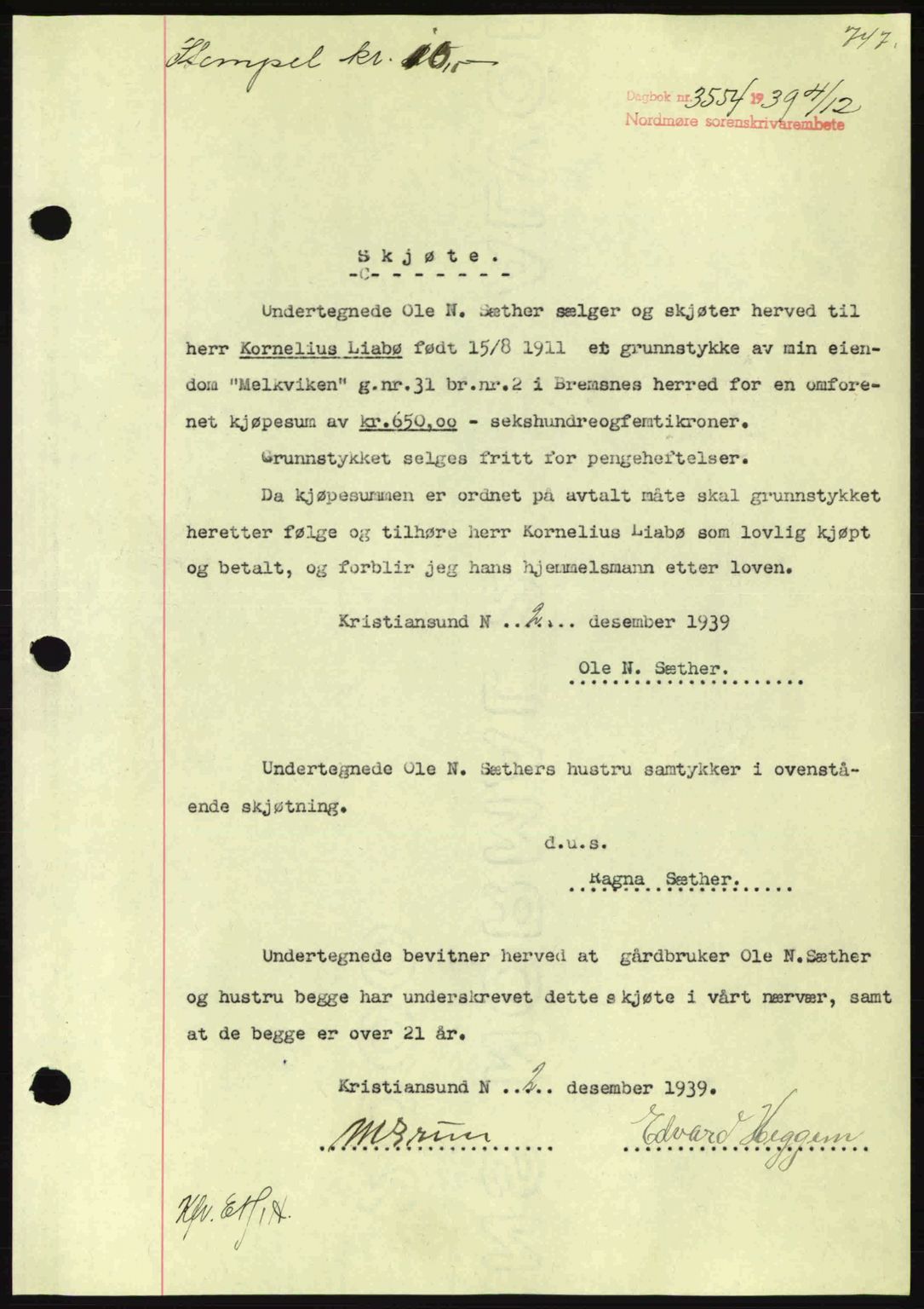 Nordmøre sorenskriveri, SAT/A-4132/1/2/2Ca: Pantebok nr. A87, 1939-1940, Dagboknr: 3554/1939