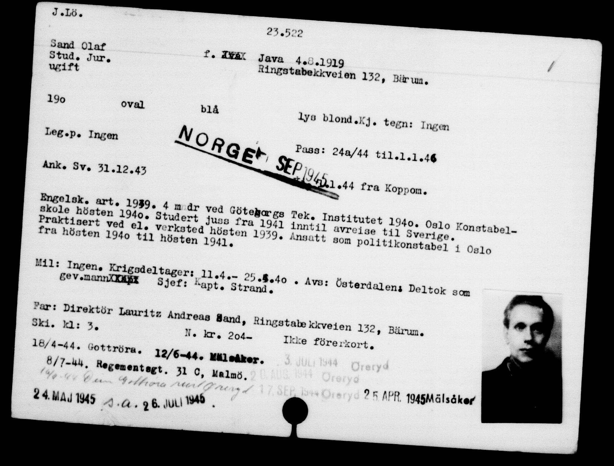 Utenriksstasjonene, Legasjonen i Stockholm, Flyktningkontoret, AV/RA-S-6753/V/Va/L0010: Kjesäterkartoteket, flyktninger med registreringsnr. 22000-25314, 1940-1945, s. 1618