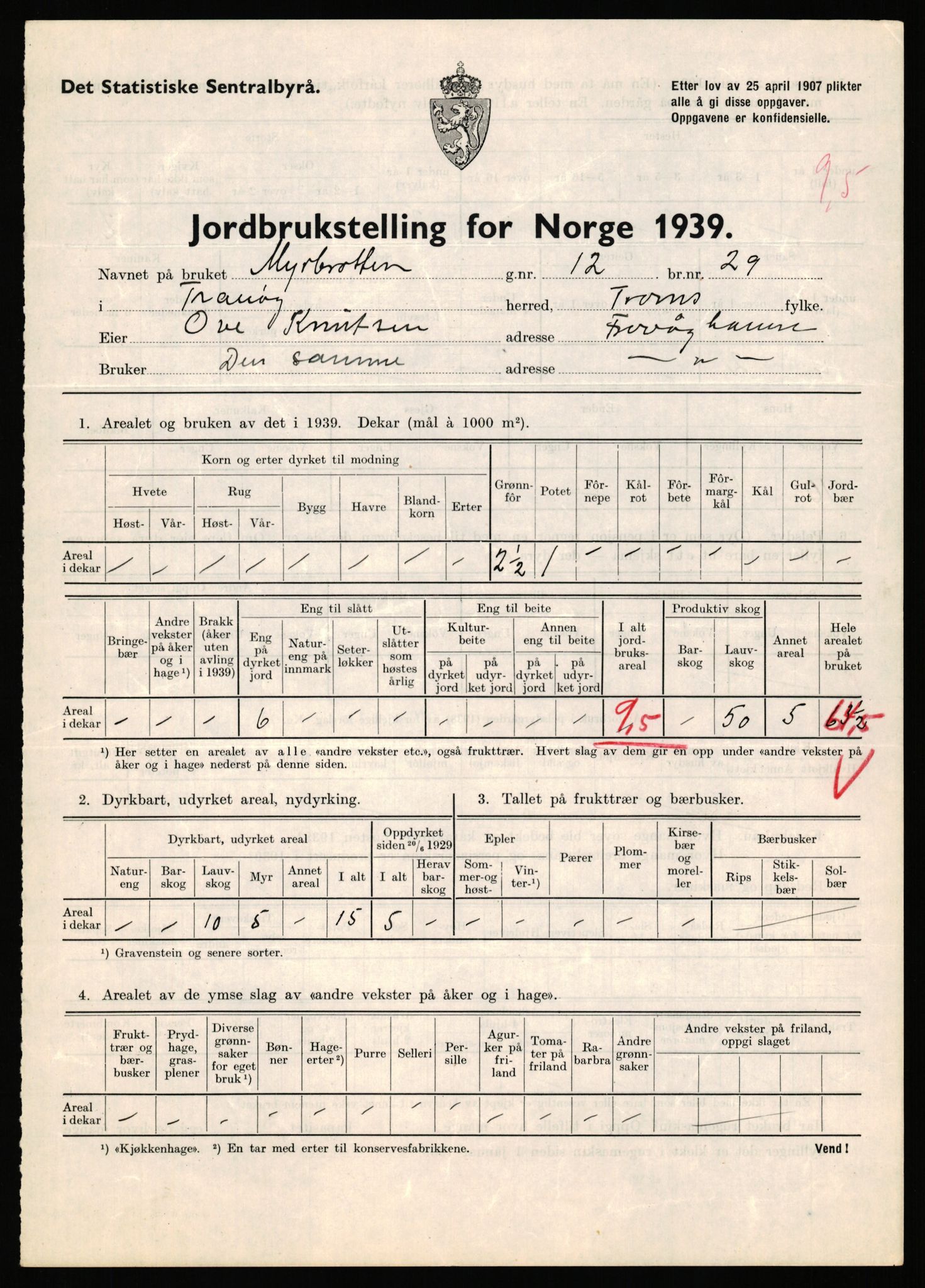 Statistisk sentralbyrå, Næringsøkonomiske emner, Jordbruk, skogbruk, jakt, fiske og fangst, AV/RA-S-2234/G/Gb/L0341: Troms: Sørreisa og Tranøy, 1939, s. 904