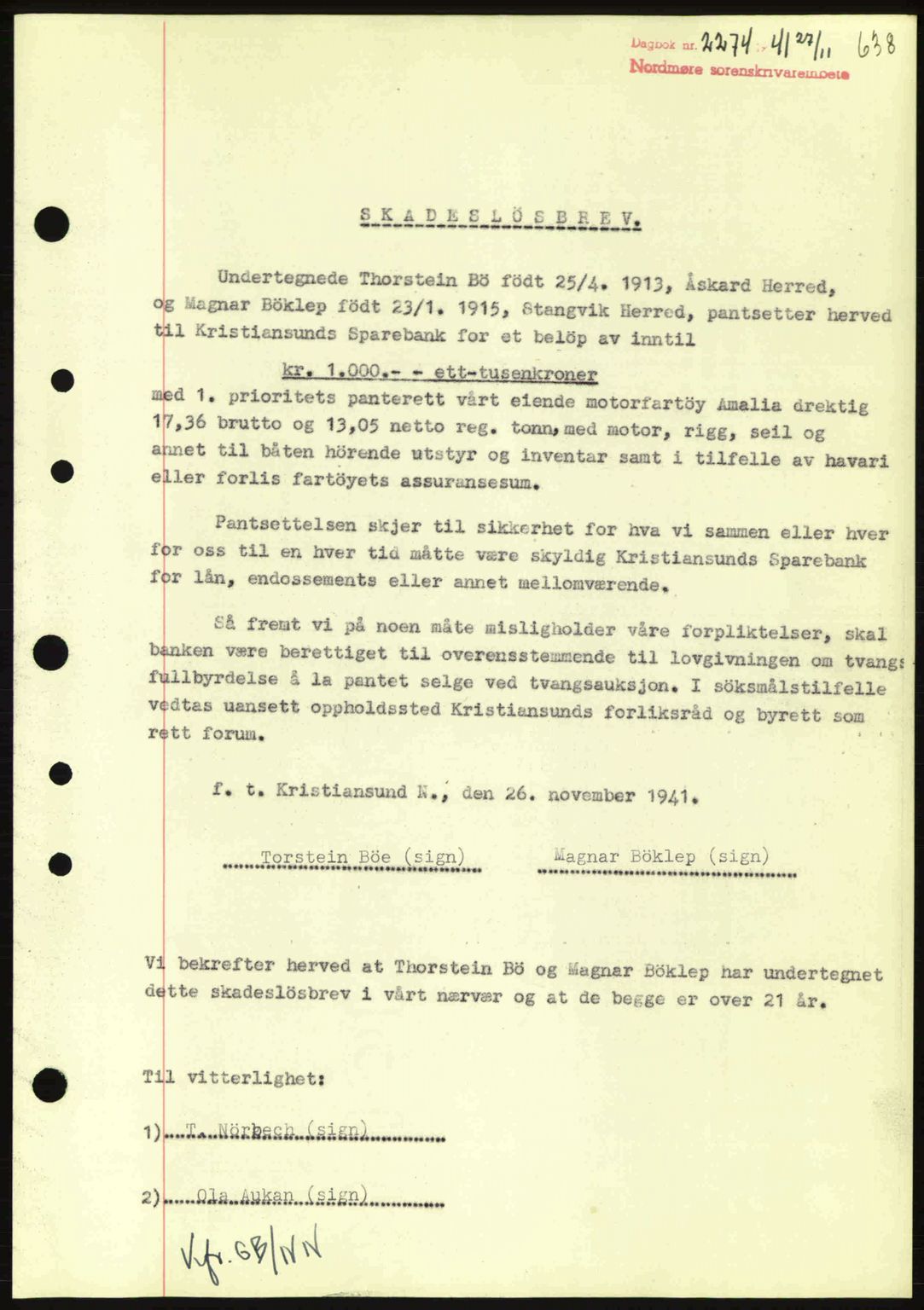 Nordmøre sorenskriveri, SAT/A-4132/1/2/2Ca: Pantebok nr. B88, 1941-1942, Dagboknr: 2274/1941