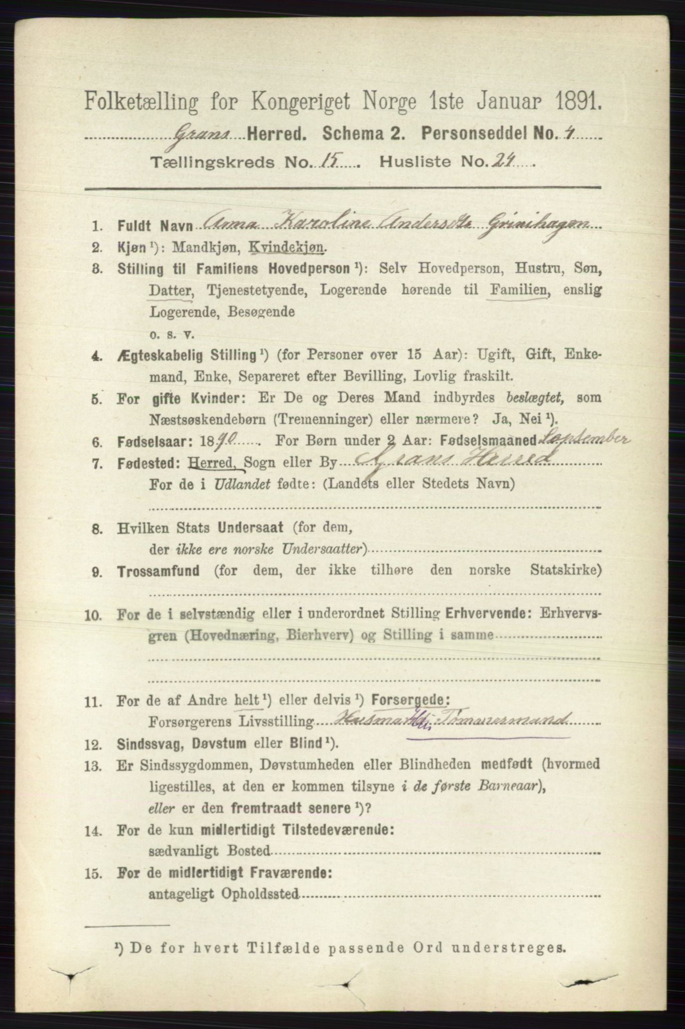 RA, Folketelling 1891 for 0534 Gran herred, 1891, s. 7736