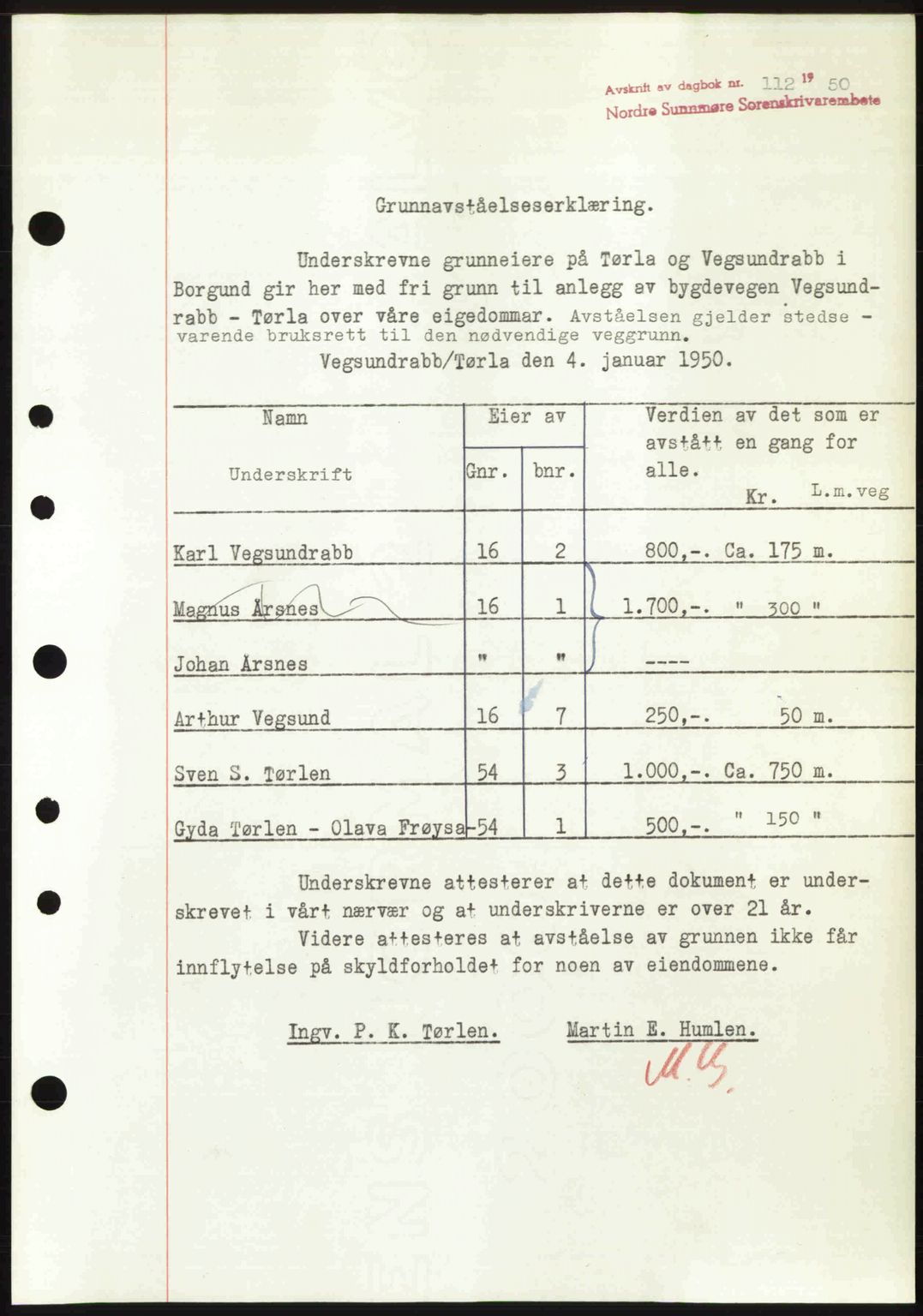 Nordre Sunnmøre sorenskriveri, SAT/A-0006/1/2/2C/2Ca: Pantebok nr. A33, 1949-1950, Dagboknr: 112/1950