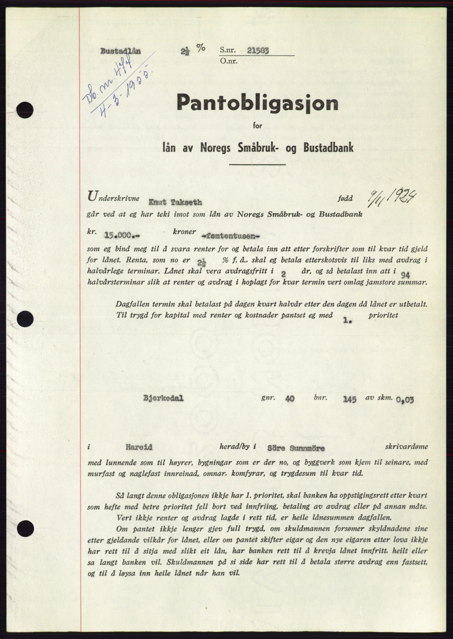 Søre Sunnmøre sorenskriveri, AV/SAT-A-4122/1/2/2C/L0126: Pantebok nr. 14B, 1954-1955, Dagboknr: 477/1955