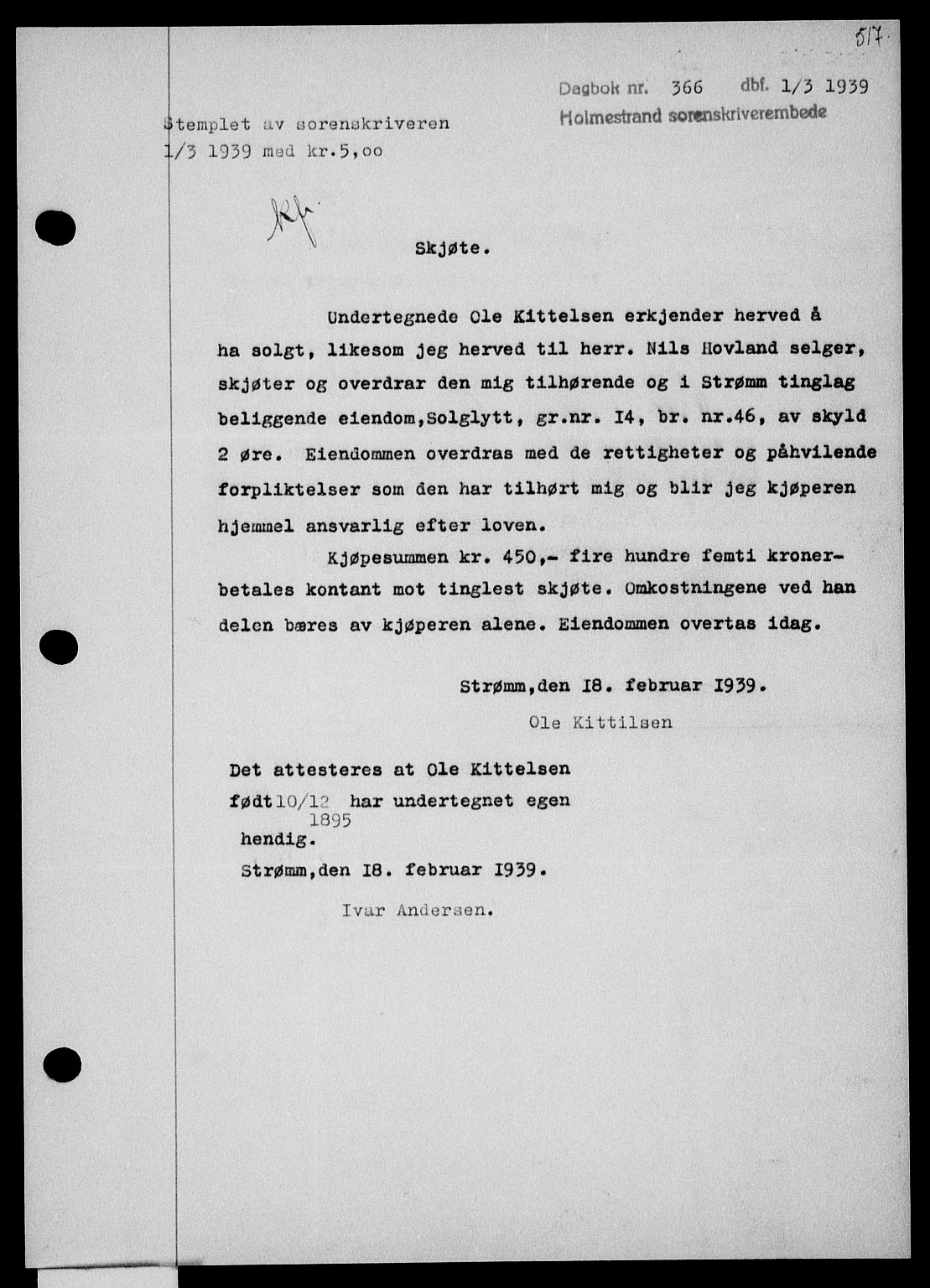 Holmestrand sorenskriveri, SAKO/A-67/G/Ga/Gaa/L0050: Pantebok nr. A-50, 1938-1939, Dagboknr: 366/1939