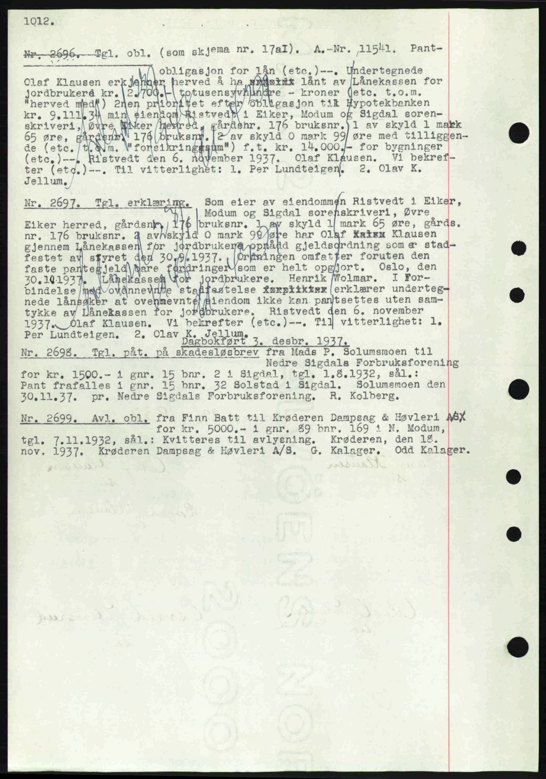 Eiker, Modum og Sigdal sorenskriveri, SAKO/A-123/G/Ga/Gab/L0036: Pantebok nr. A6, 1937-1937, Dagboknr: 2696/1937
