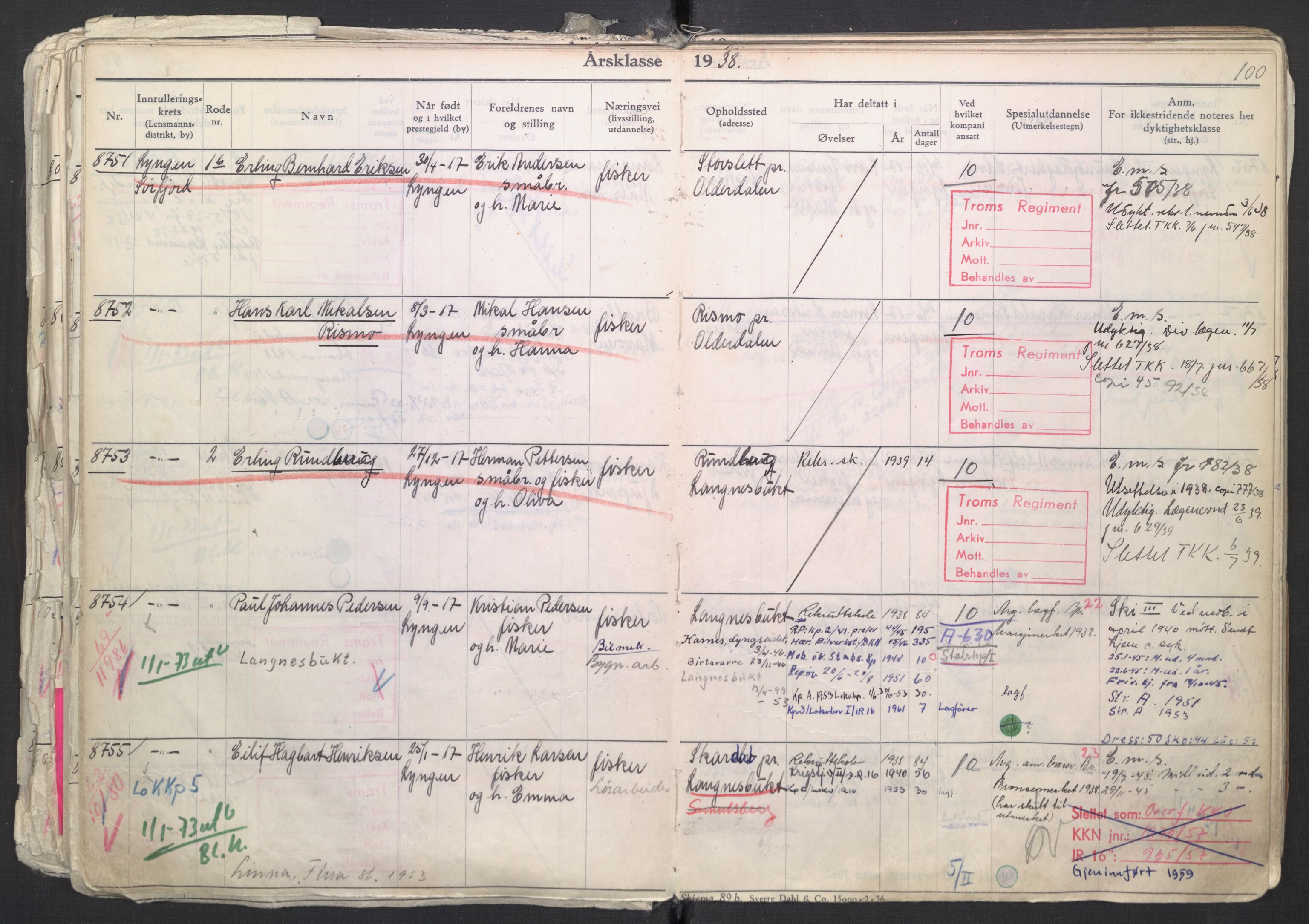 Forsvaret, Troms infanteriregiment nr. 16, AV/RA-RAFA-3146/P/Pa/L0007/0003: Ruller / Rulle for regimentets menige mannskaper, årsklasse 1938, 1938, s. 100