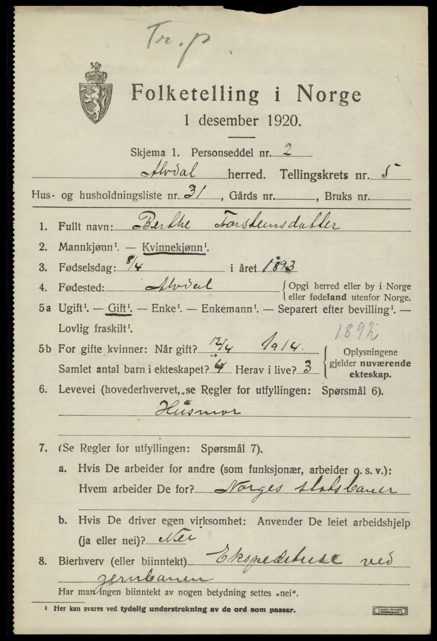 SAH, Folketelling 1920 for 0438 Alvdal herred, 1920, s. 3852