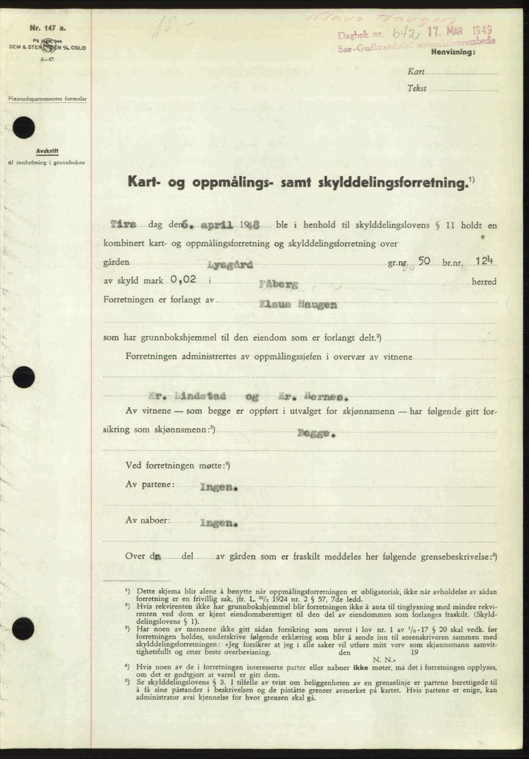 Sør-Gudbrandsdal tingrett, SAH/TING-004/H/Hb/Hbd/L0024: Pantebok nr. A24, 1948-1949, Dagboknr: 642/1949
