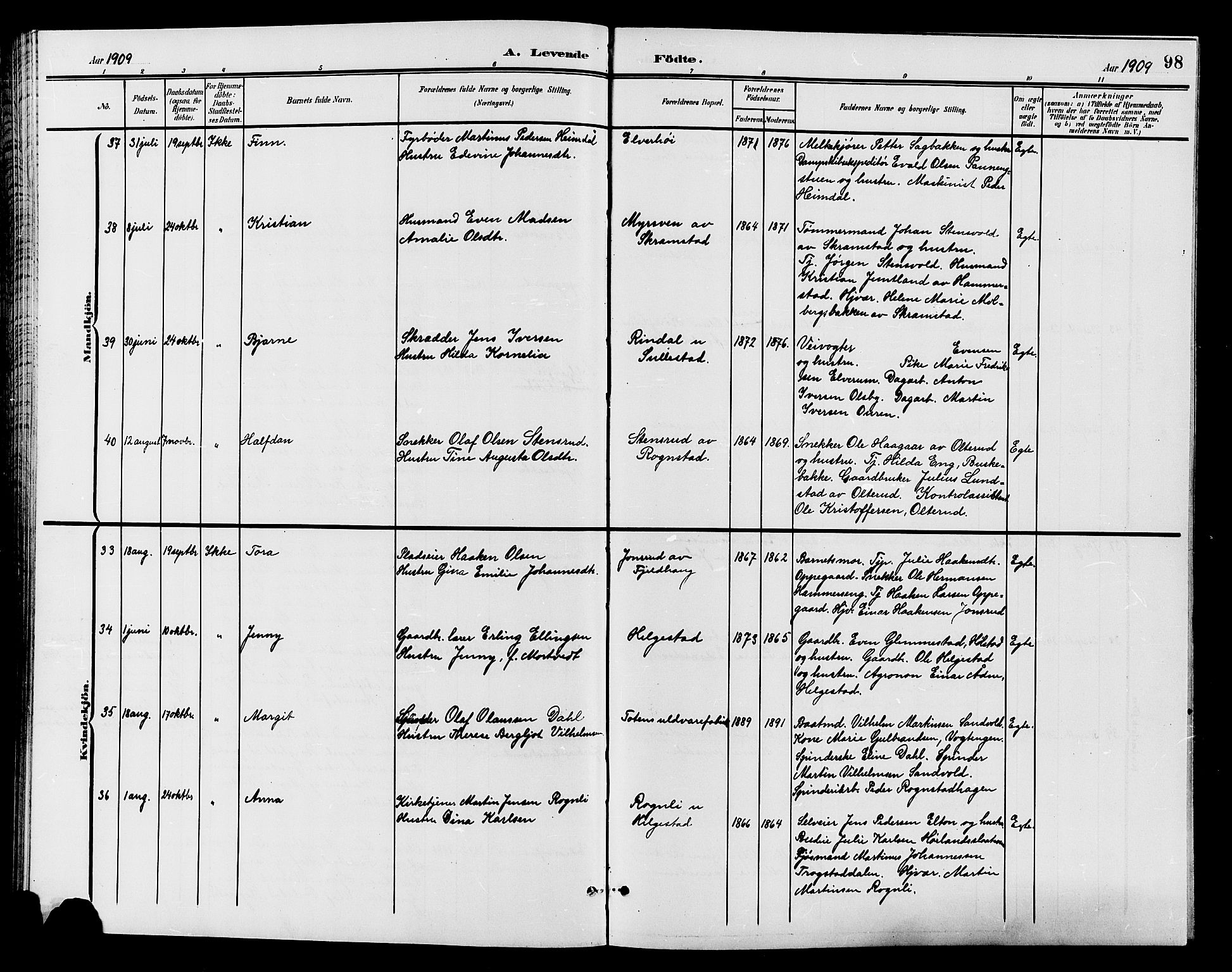 Østre Toten prestekontor, AV/SAH-PREST-104/H/Ha/Hab/L0007: Klokkerbok nr. 7, 1901-1912, s. 98
