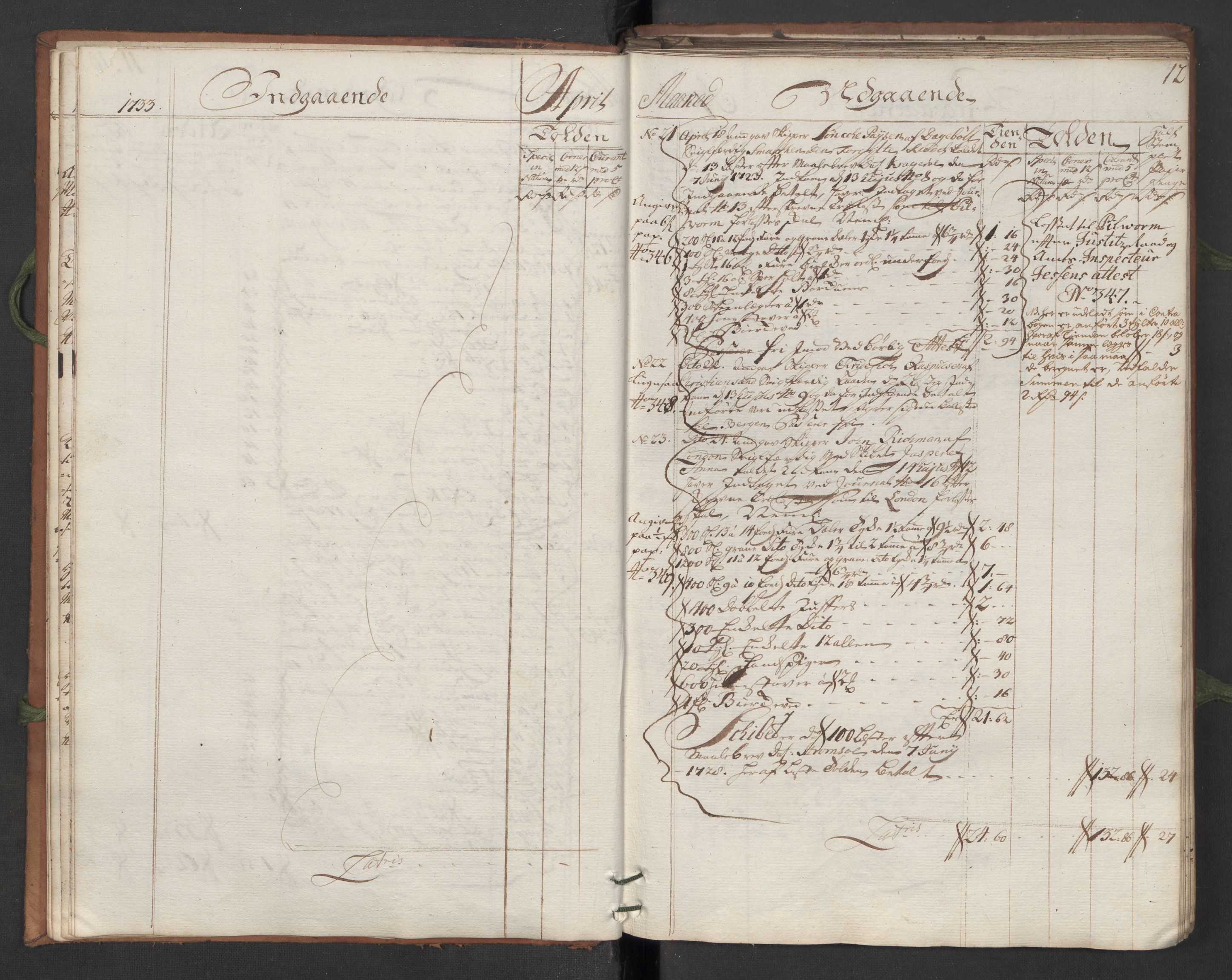 Generaltollkammeret, tollregnskaper, AV/RA-EA-5490/R13/L0007/0001: Tollregnskaper Kragerø / Hovedtollbok, 1733, s. 11b-12a