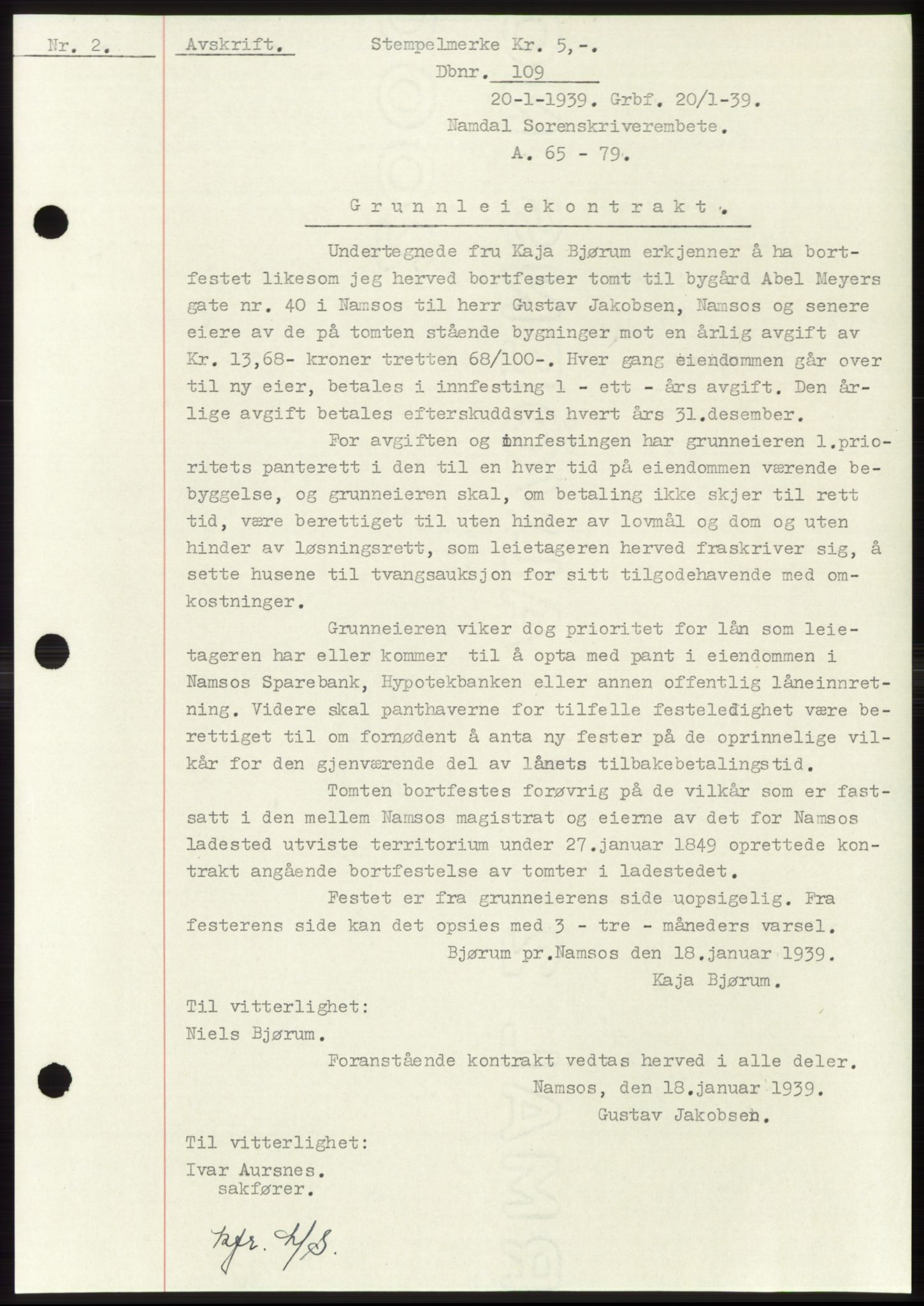 Namdal sorenskriveri, SAT/A-4133/1/2/2C: Pantebok nr. -, 1937-1939, Tingl.dato: 20.01.1939