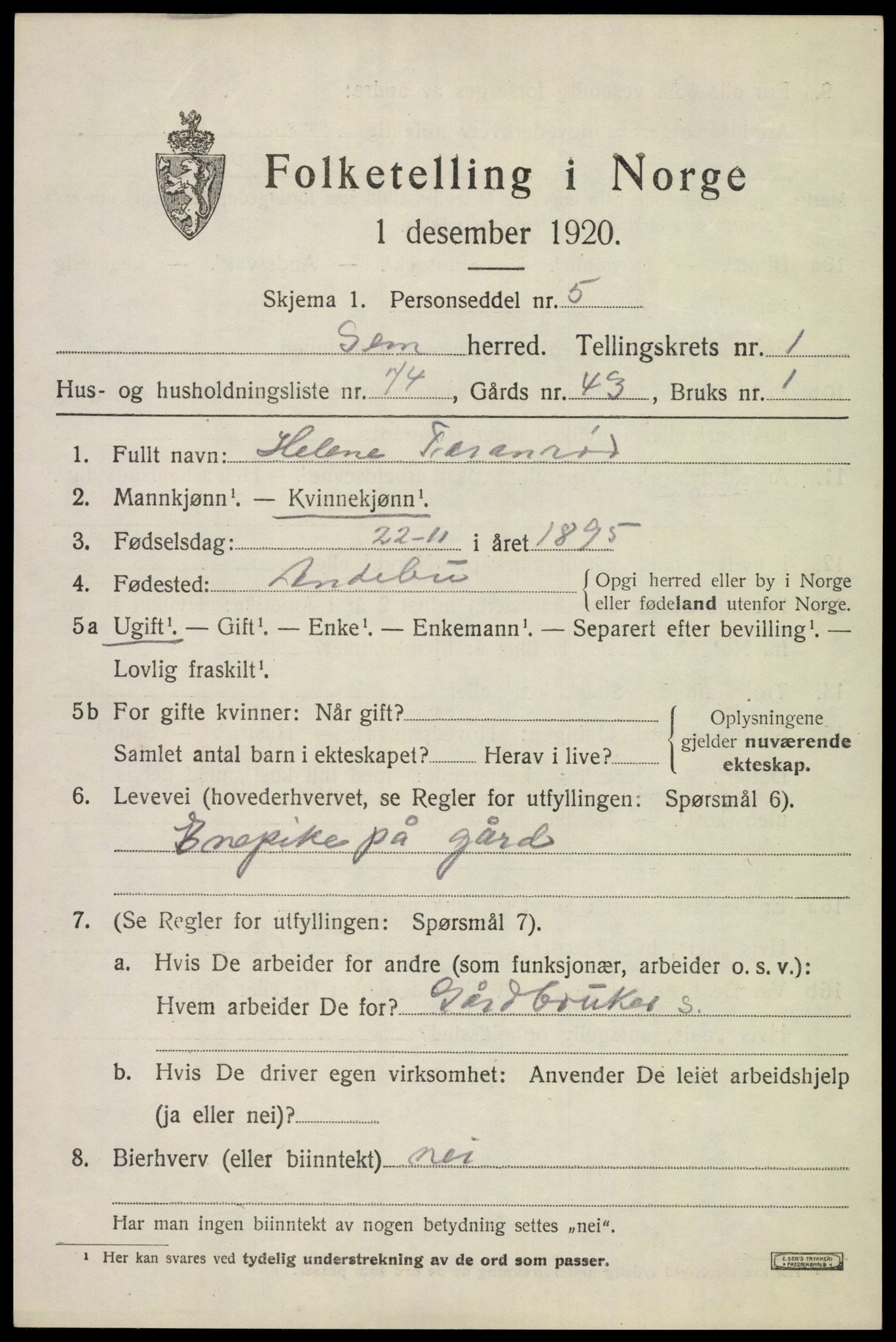 SAKO, Folketelling 1920 for 0721 Sem herred, 1920, s. 3567