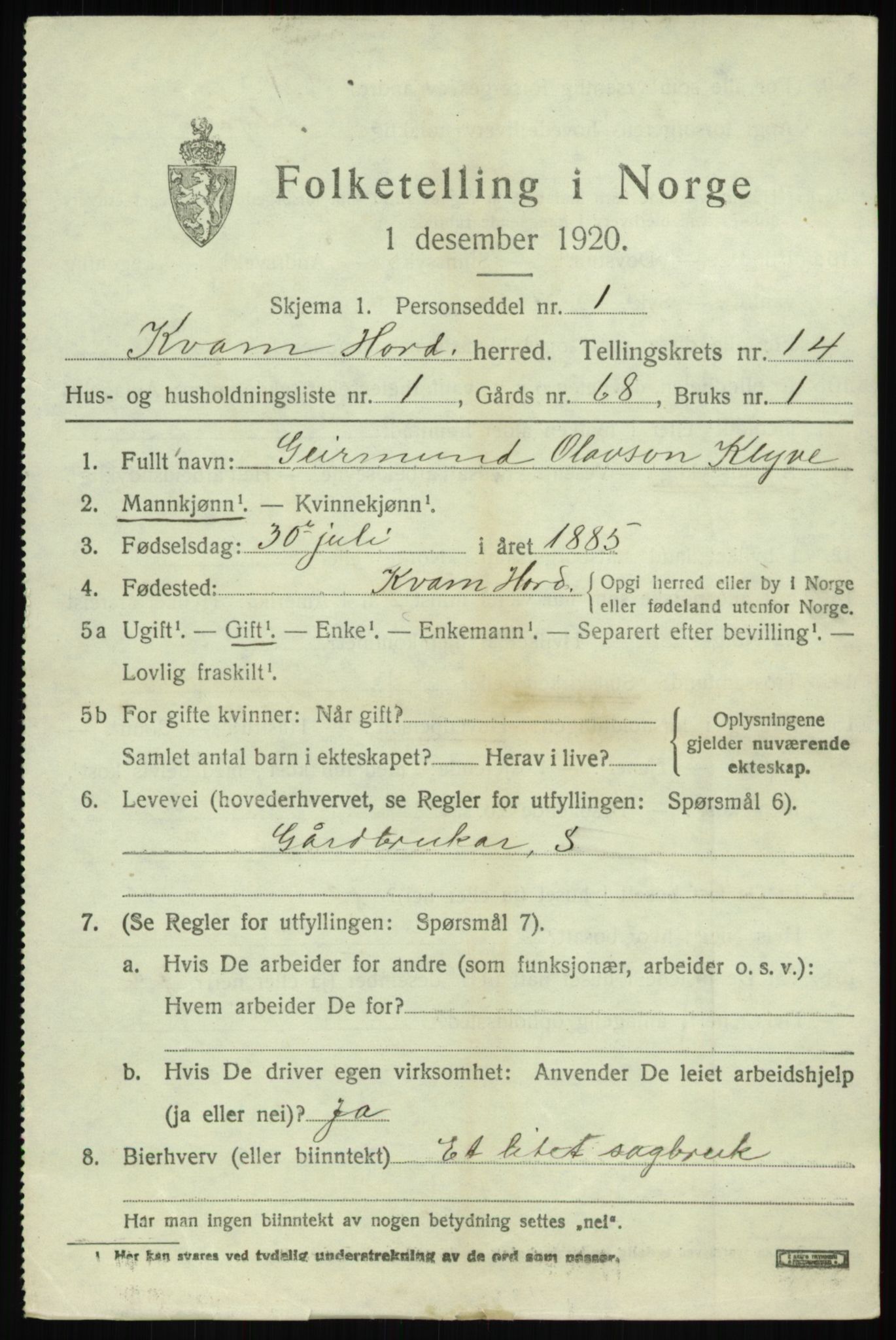 SAB, Folketelling 1920 for 1238 Kvam herred, 1920, s. 8169