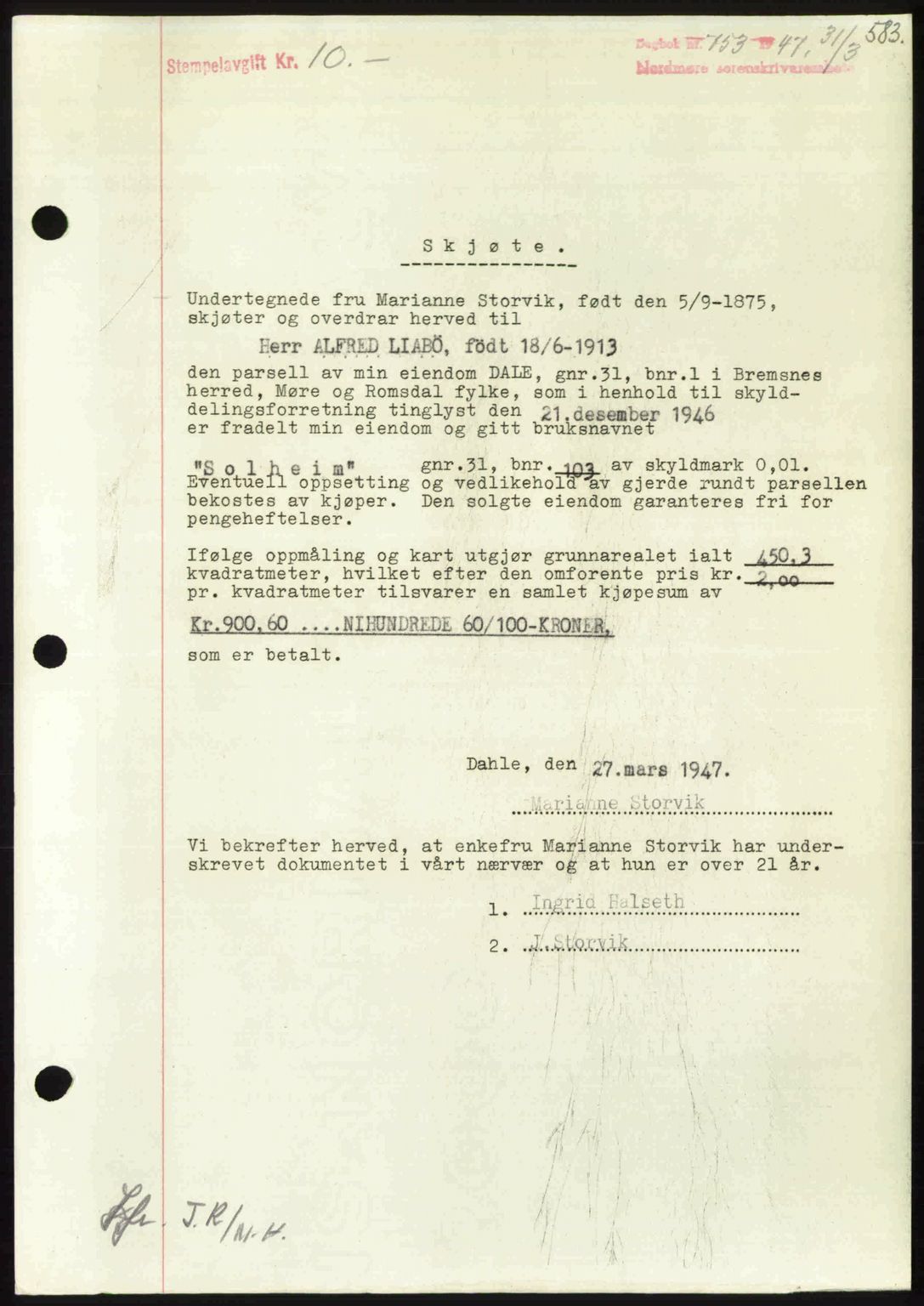 Nordmøre sorenskriveri, SAT/A-4132/1/2/2Ca: Pantebok nr. A104, 1947-1947, Dagboknr: 753/1947