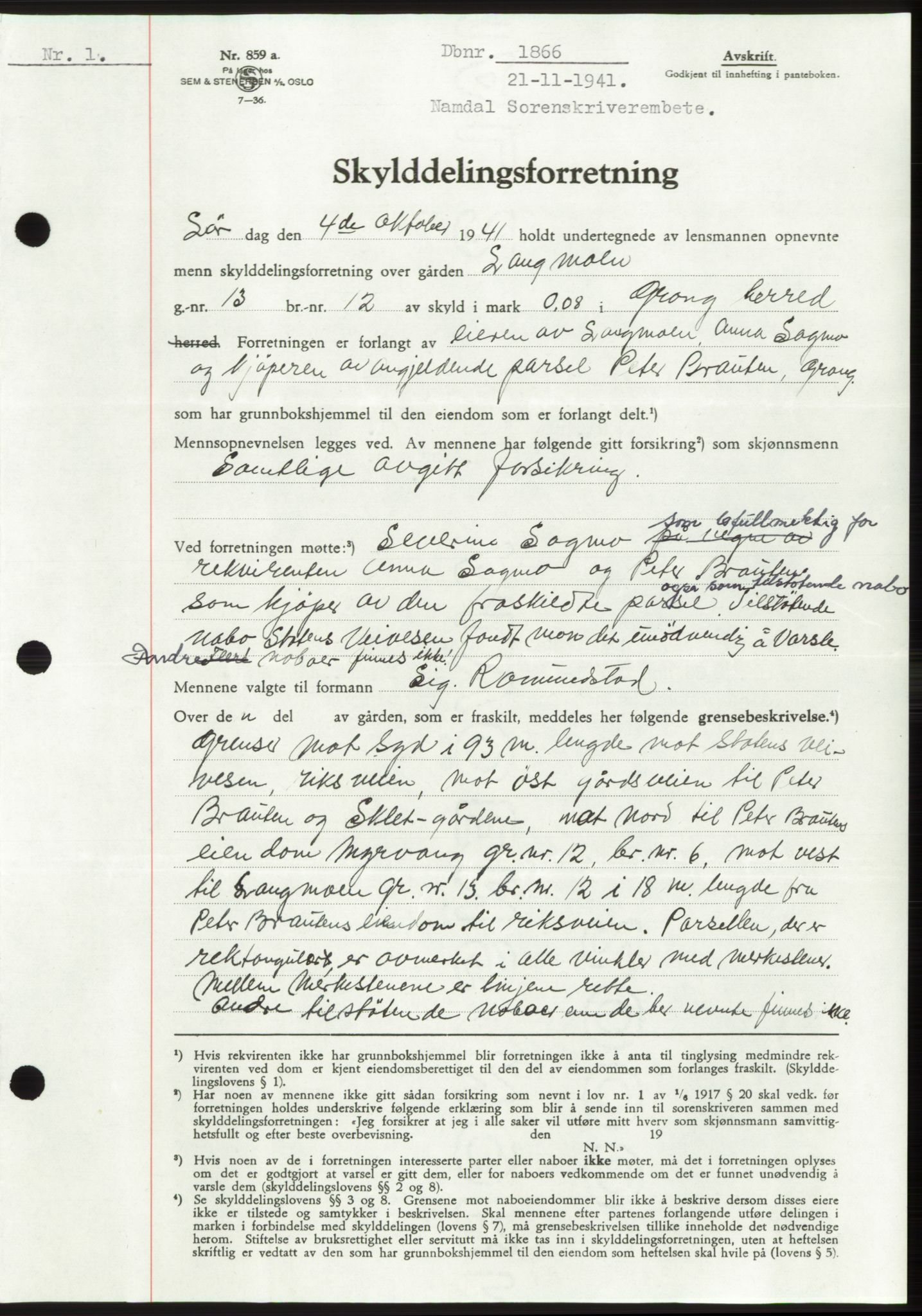 Namdal sorenskriveri, SAT/A-4133/1/2/2C: Pantebok nr. -, 1941-1942, Dagboknr: 1866/1941