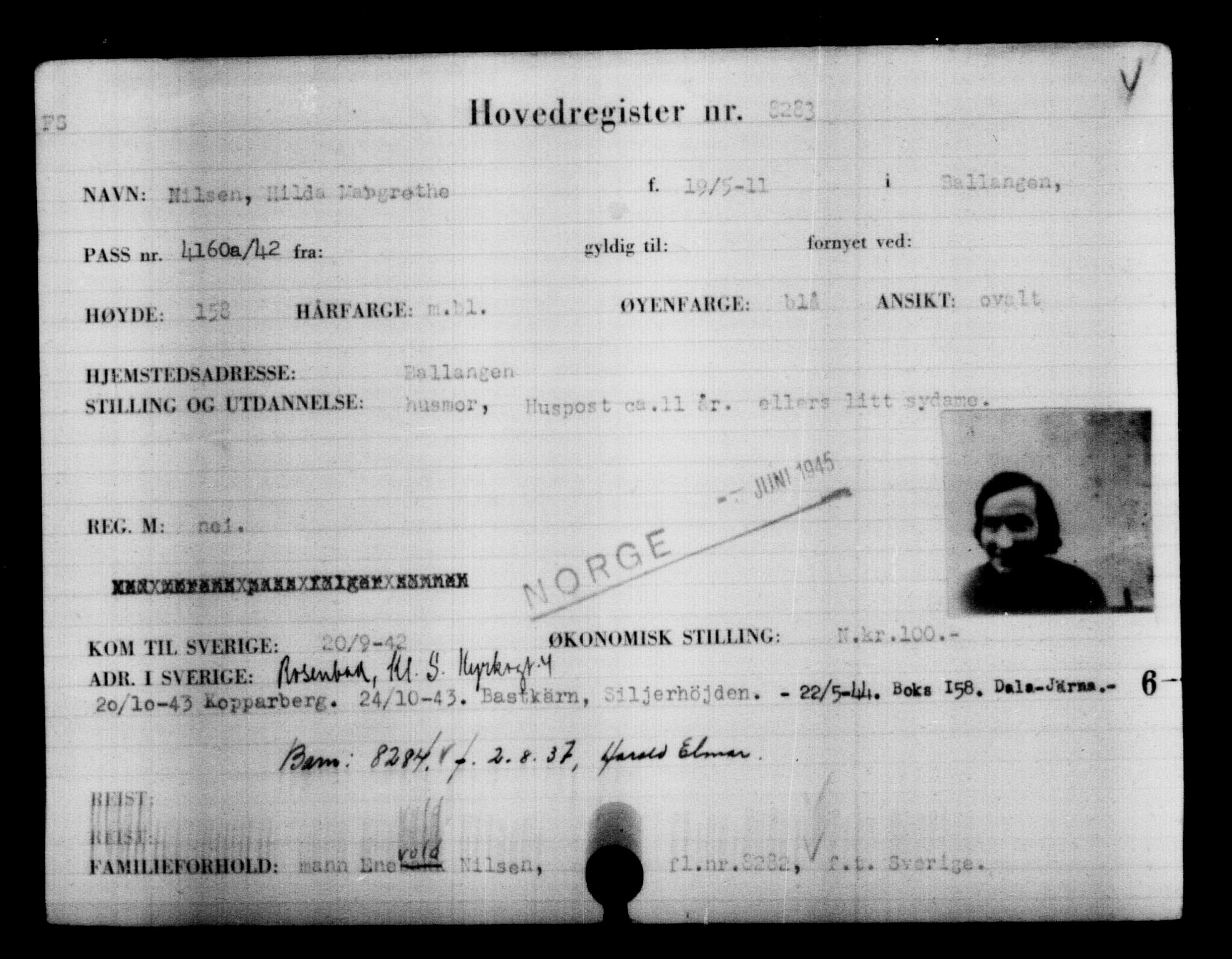 Utenriksstasjonene, Legasjonen i Stockholm, Flyktningkontoret, AV/RA-S-6753/V/Va/L0005: Kjesäterkartoteket, flyktninger med registreringsnr. 6600-9417, 1940-1945, s. 1956
