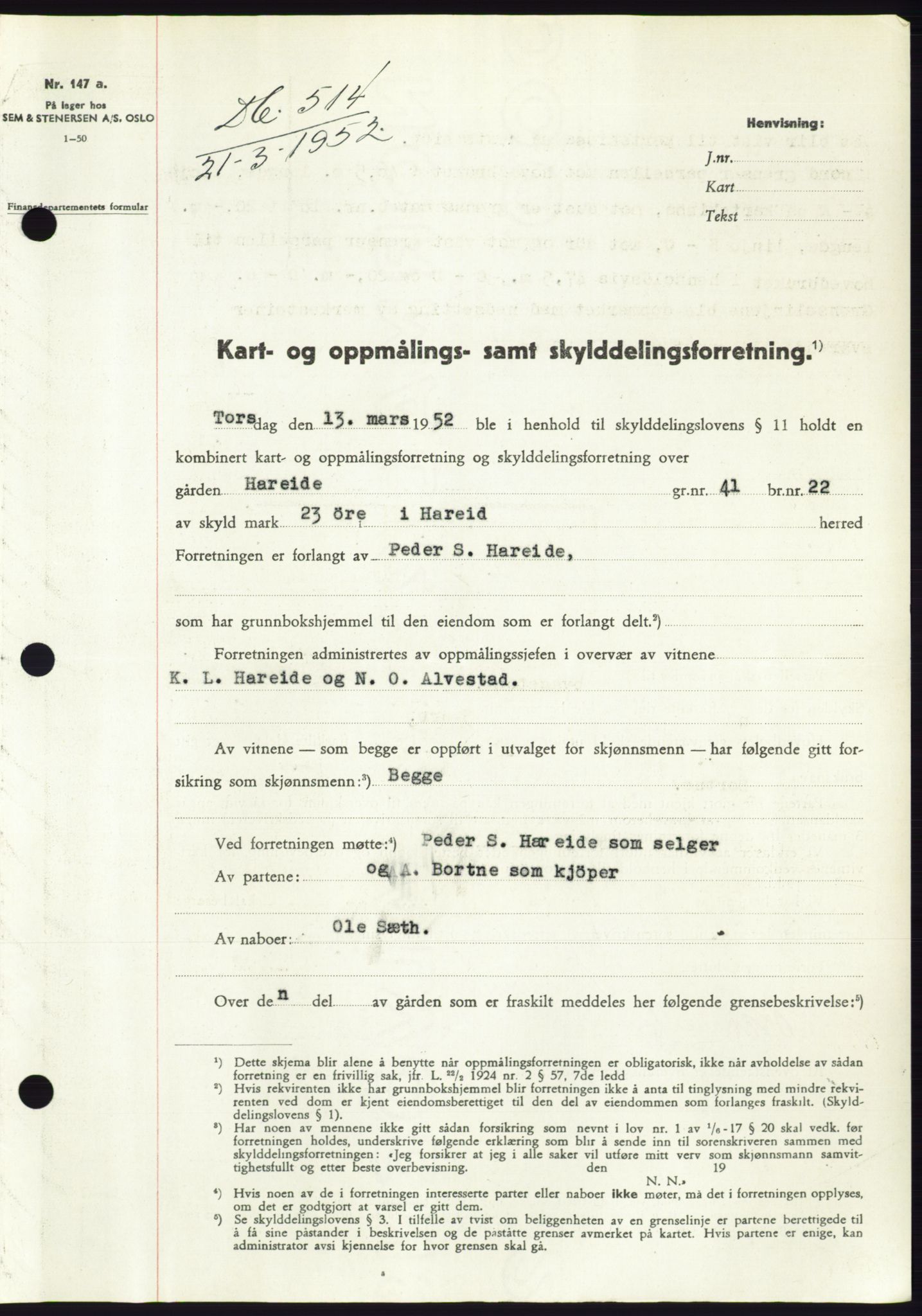 Søre Sunnmøre sorenskriveri, SAT/A-4122/1/2/2C/L0091: Pantebok nr. 17A, 1951-1952, Dagboknr: 514/1952