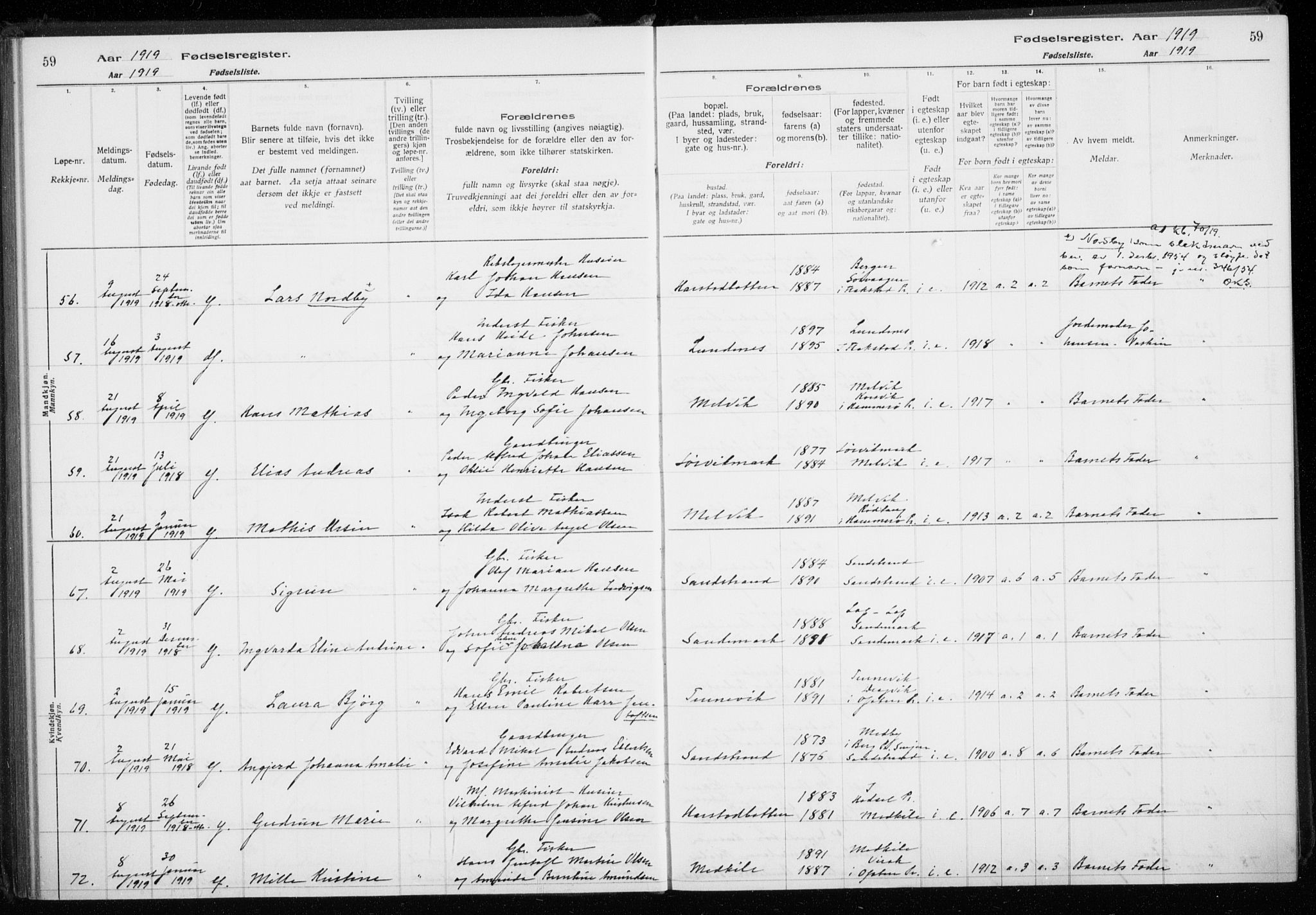 Trondenes sokneprestkontor, SATØ/S-1319/I/Ia/L0089: Fødselsregister nr. 89, 1916-1925, s. 59