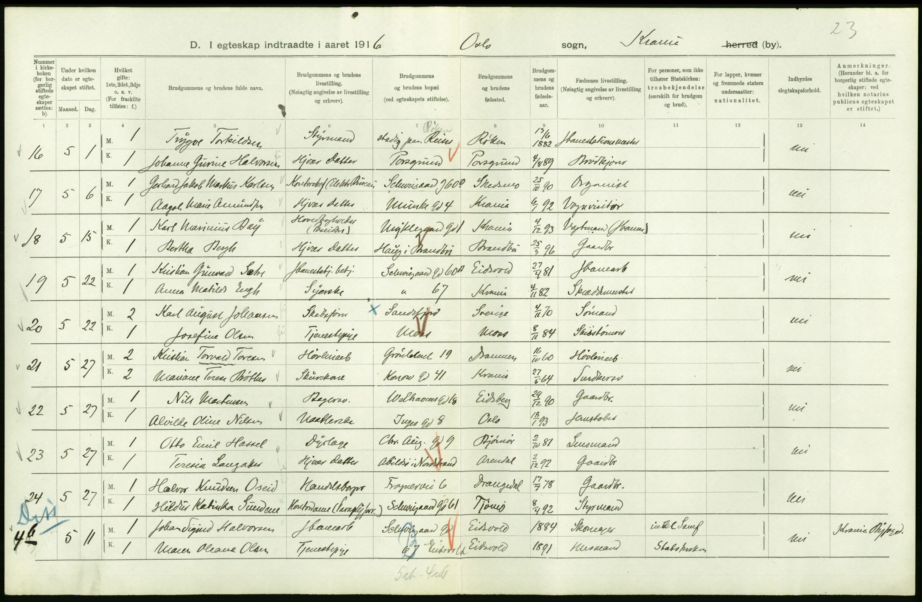 Statistisk sentralbyrå, Sosiodemografiske emner, Befolkning, AV/RA-S-2228/D/Df/Dfb/Dfbf/L0008: Kristiania: Gifte, 1916, s. 838