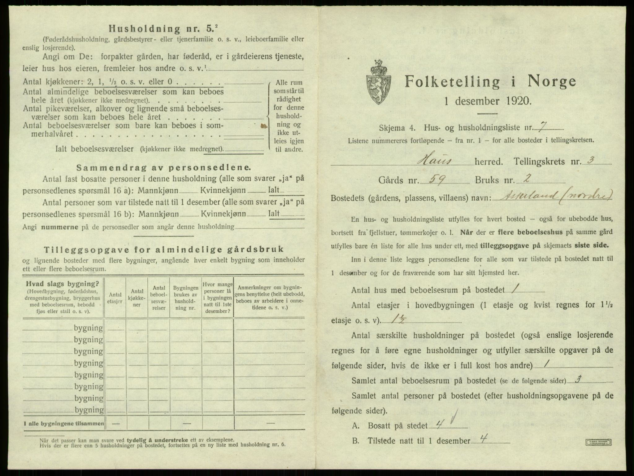 SAB, Folketelling 1920 for 1250 Haus herred, 1920, s. 205