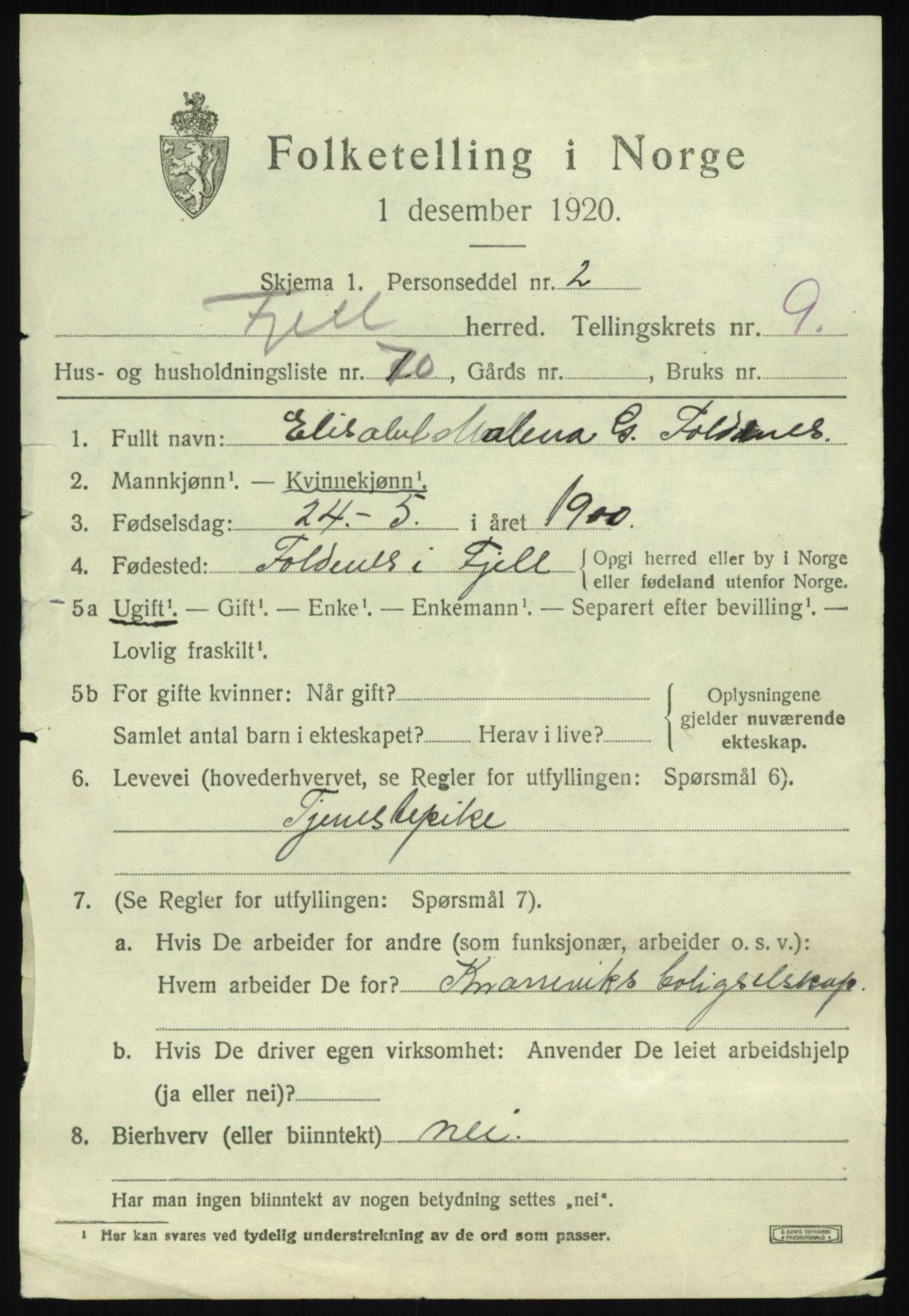 SAB, Folketelling 1920 for 1246 Fjell herred, 1920, s. 9028