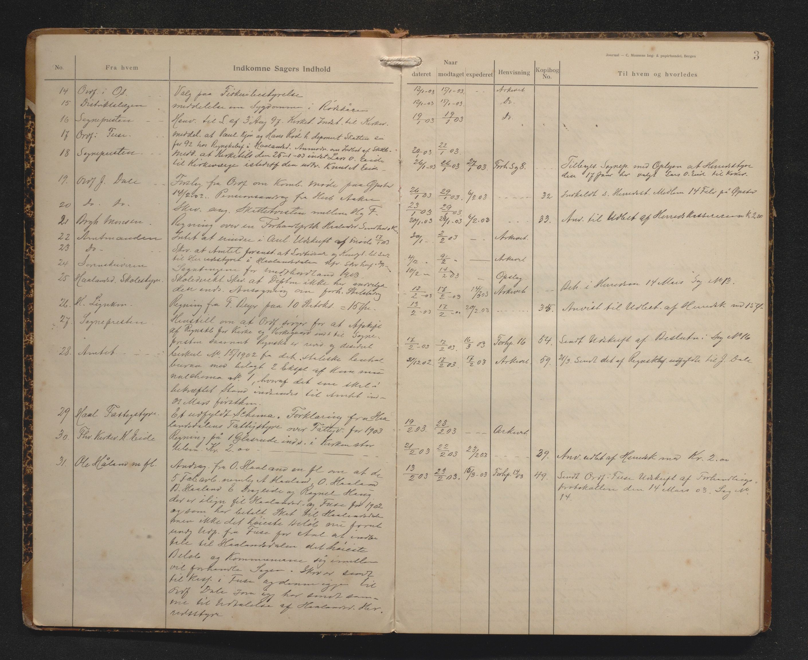 Hålandsdalen kommune. Formannskapet, IKAH/1239-021/C/Ca/L0001: Postjournal, 1902-1915