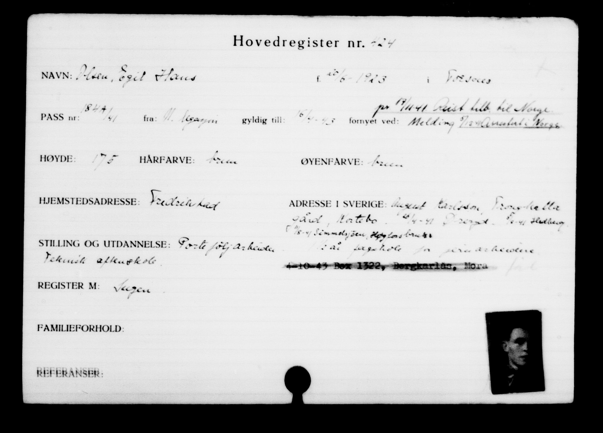 Utenriksstasjonene, Legasjonen i Stockholm, Flyktningkontoret, AV/RA-S-6753/V/Va/L0001: Kjesäterkartoteket, flyktninger med registreringsnr. 1-1000, 1940-1945, s. 664