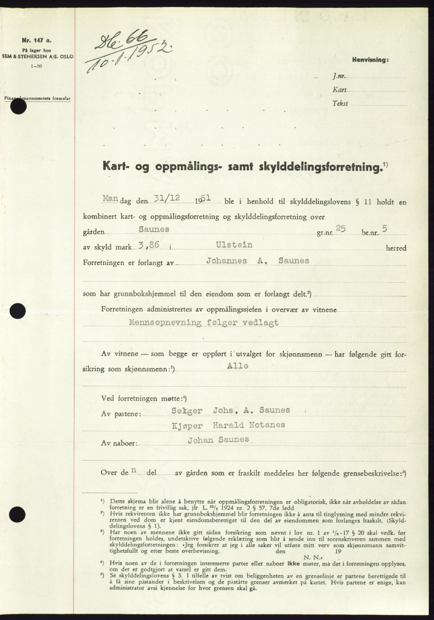 Søre Sunnmøre sorenskriveri, SAT/A-4122/1/2/2C/L0091: Pantebok nr. 17A, 1951-1952, Dagboknr: 66/1952