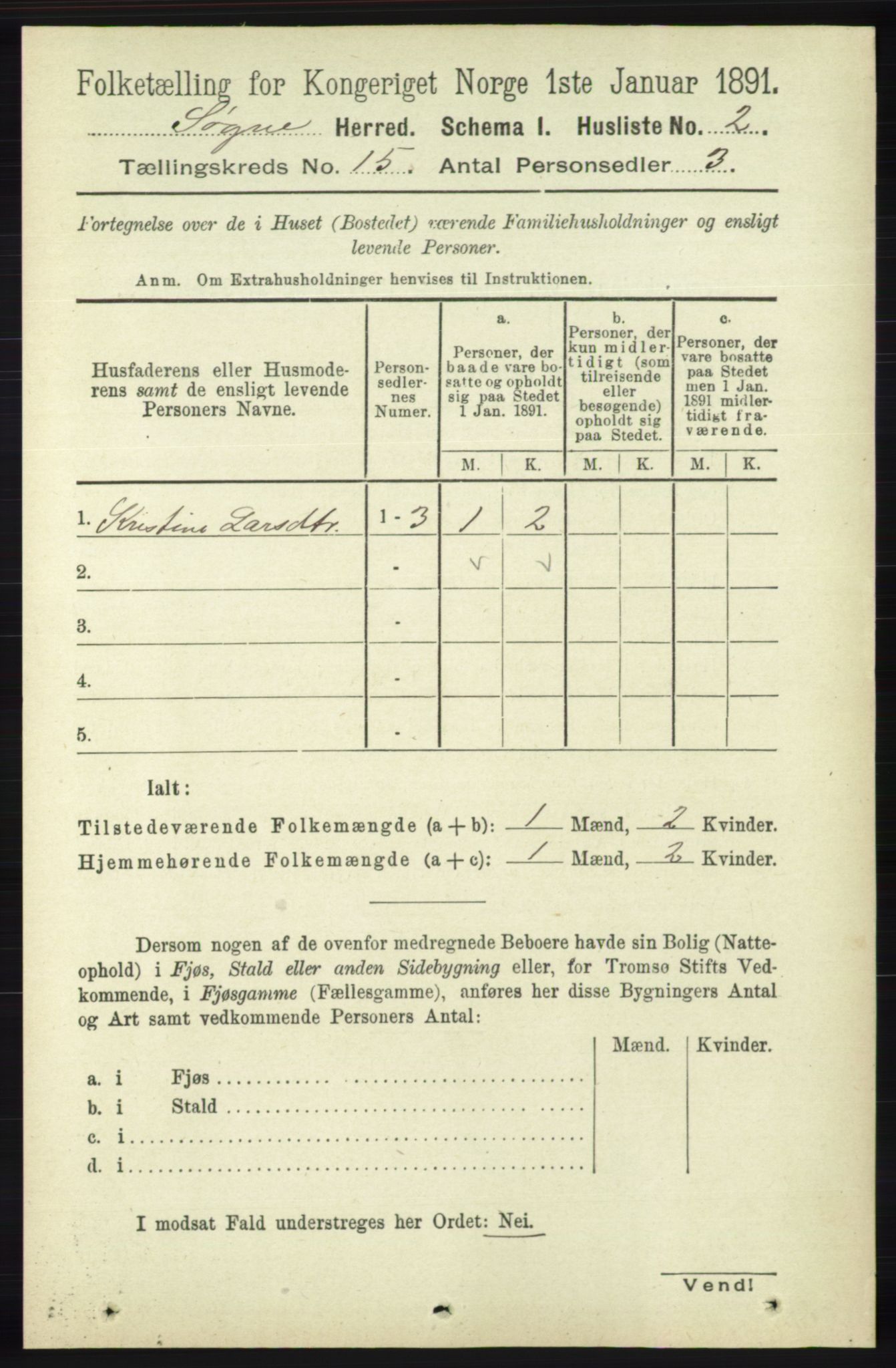 RA, Folketelling 1891 for 1018 Søgne herred, 1891, s. 3799