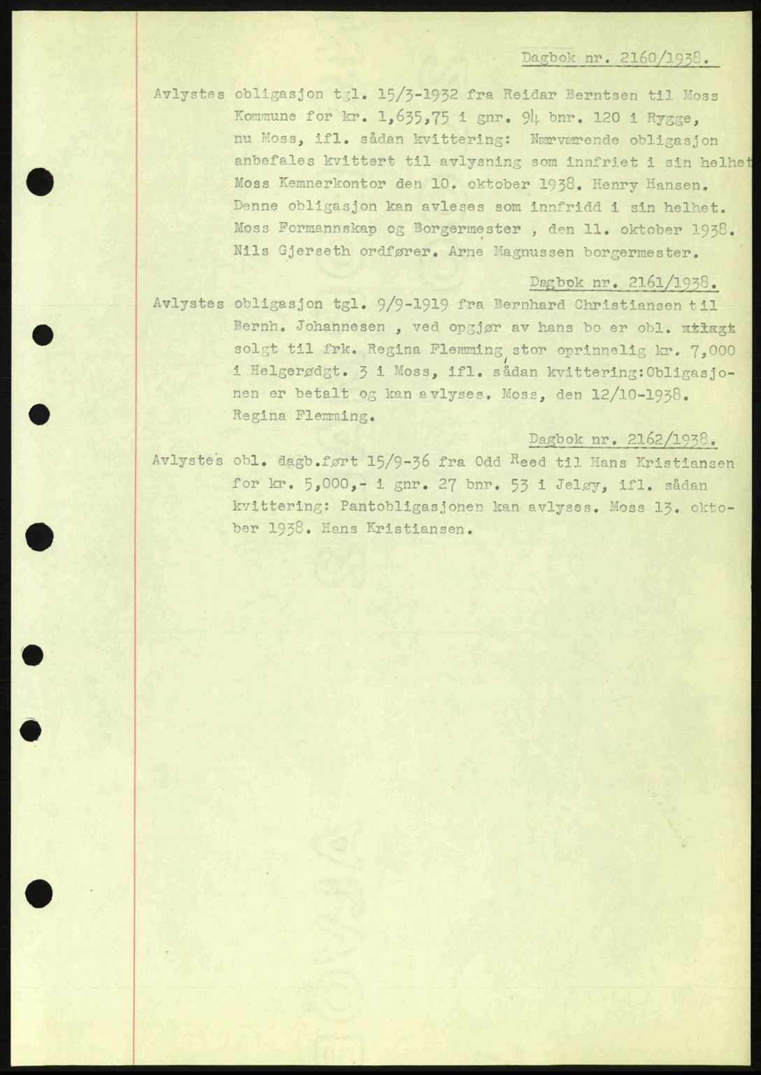 Moss sorenskriveri, SAO/A-10168: Pantebok nr. B6, 1938-1938, Dagboknr: 2160/1938